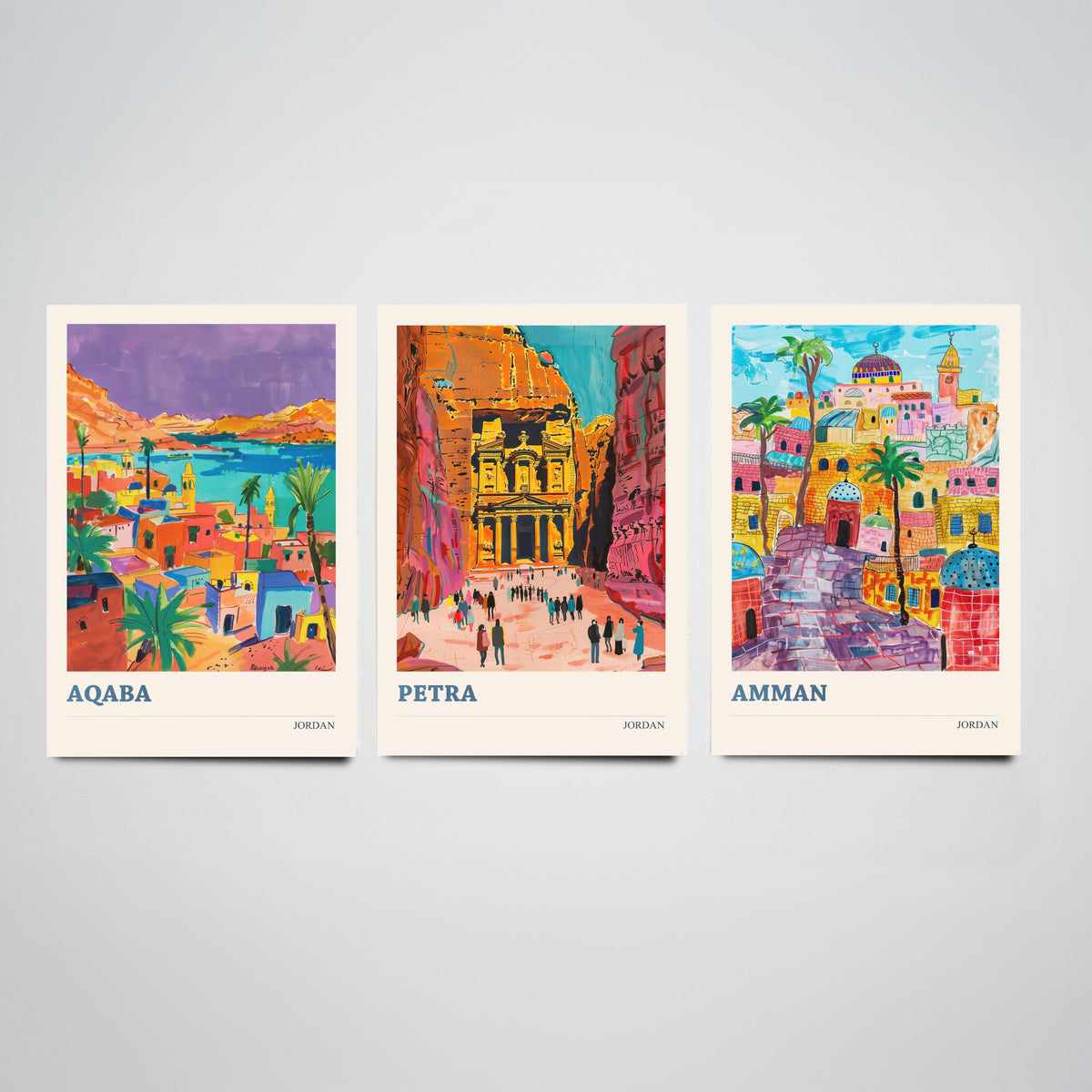 Jordan Set of Three Prints - Aqaba Petra Amman - 3 Vibrant Travel Posters - Middle East Wall Art Gift Painting Petra Treasury Map Decor