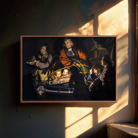 Joseph Wright of Derby - A Philosopher Lecturing on the Orrery (1766) - Classic Painting Art Print - Candlelit Science Lecture Poster