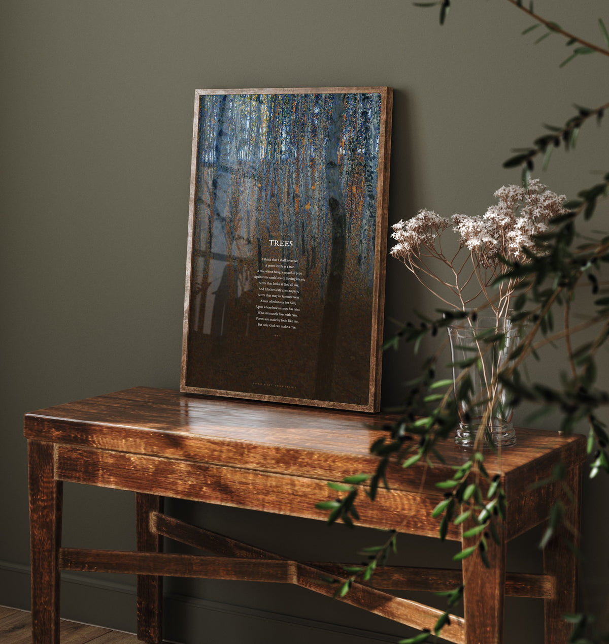 Trees by Joyce Kilmer Art Print - Full Poem over Gustav Klimt Beech Grove Painting - Poetry Poster - I Think That I Shall Never See