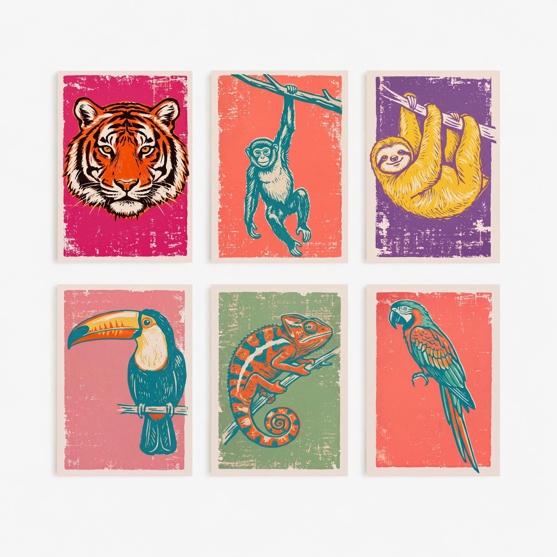 Set of Six Jungle Animals Linocut Art Prints - 6 Rainforest Illustrations - Tiger, Monkey, Sloth, Toucan, Chameleon, Parrot Posters