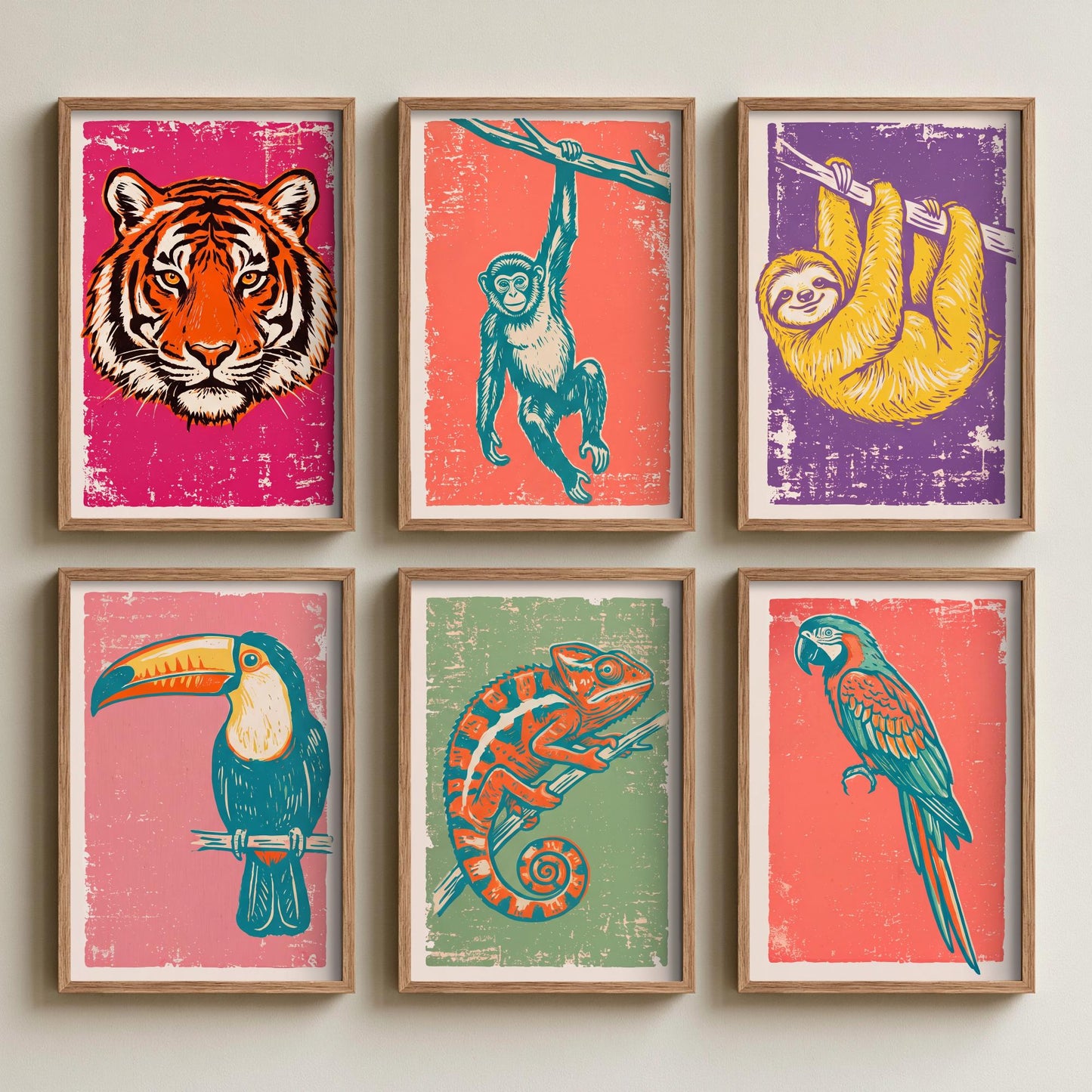 Set of Six Jungle Animals Linocut Art Prints - 6 Rainforest Illustrations - Tiger, Monkey, Sloth, Toucan, Chameleon, Parrot Posters