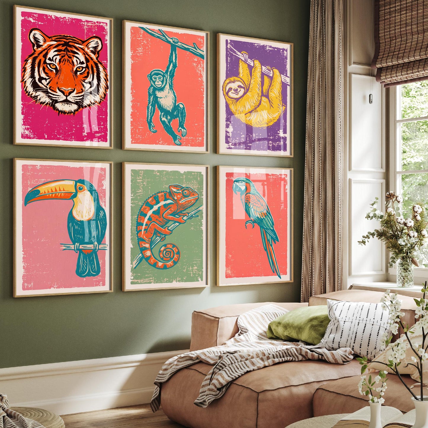 Set of Six Jungle Animals Linocut Art Prints - 6 Rainforest Illustrations - Tiger, Monkey, Sloth, Toucan, Chameleon, Parrot Posters