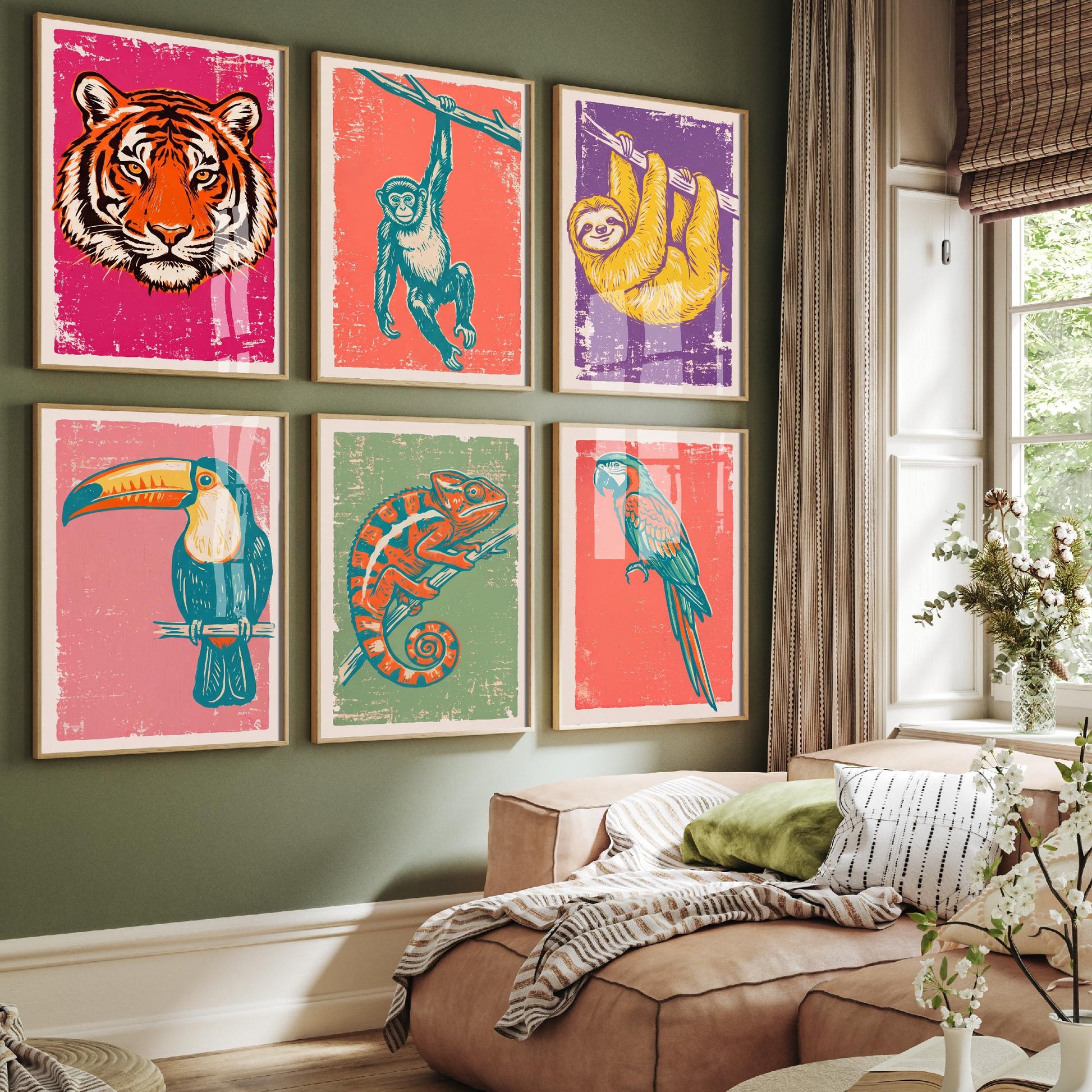 Set of Six Jungle Animals Linocut Art Prints - 6 Rainforest Illustrations - Tiger, Monkey, Sloth, Toucan, Chameleon, Parrot Posters