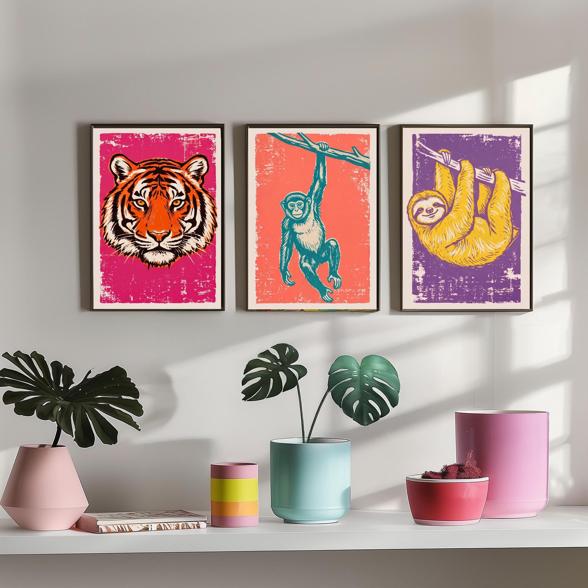 Tiger, Monkey & Sloth Set of Three Art Prints - Linocut Jungle Animal Illustrations - Rainforest Kids Triptych Posters V1