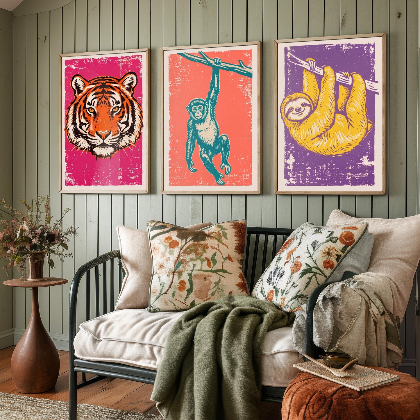 Tiger, Monkey & Sloth Set of Three Art Prints - Linocut Jungle Animal Illustrations - Rainforest Kids Triptych Posters V1
