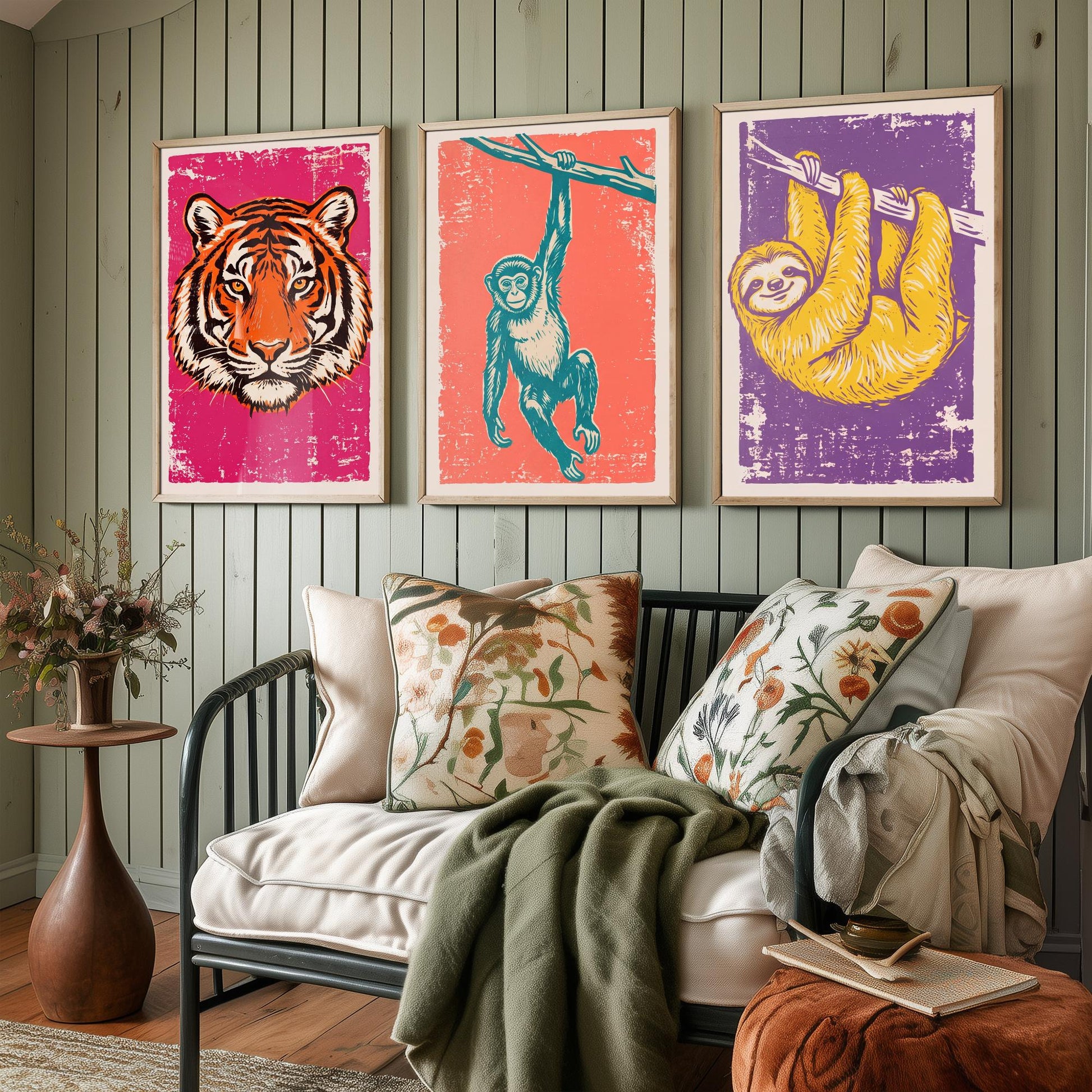 Tiger, Monkey & Sloth Set of Three Art Prints - Linocut Jungle Animal Illustrations - Rainforest Kids Triptych Posters V1