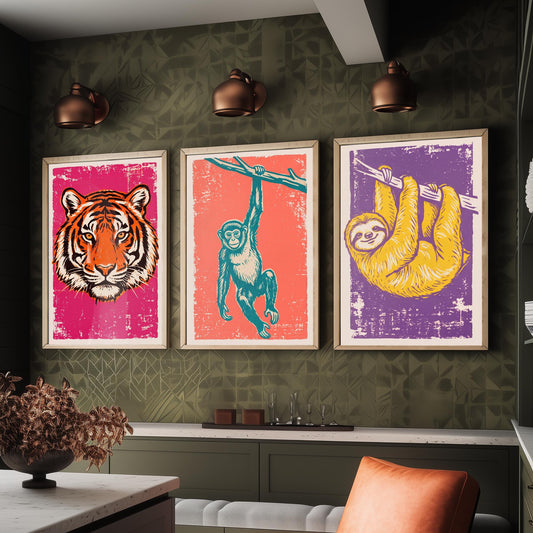 Tiger, Monkey & Sloth Set of Three Art Prints - Linocut Jungle Animal Illustrations - Rainforest Kids Triptych Posters V1