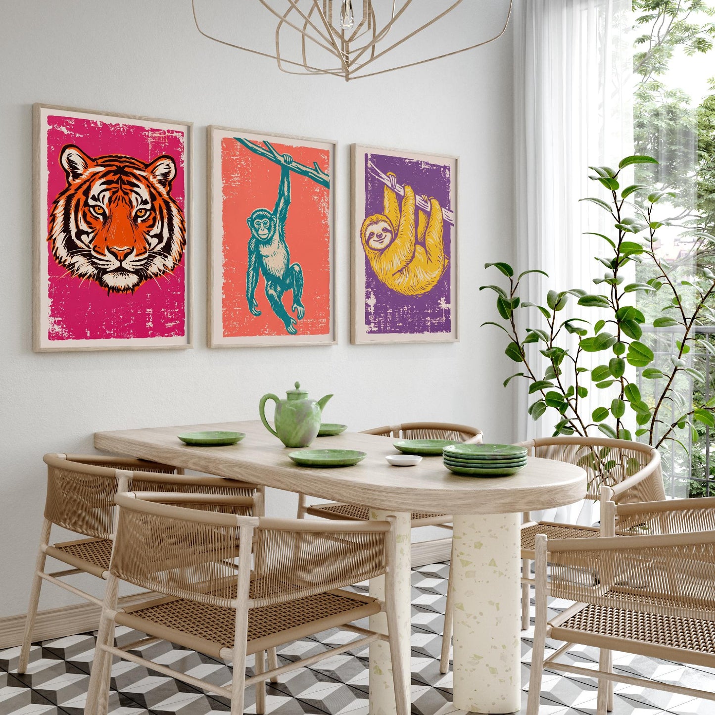 Tiger, Monkey & Sloth Set of Three Art Prints - Linocut Jungle Animal Illustrations - Rainforest Kids Triptych Posters V1
