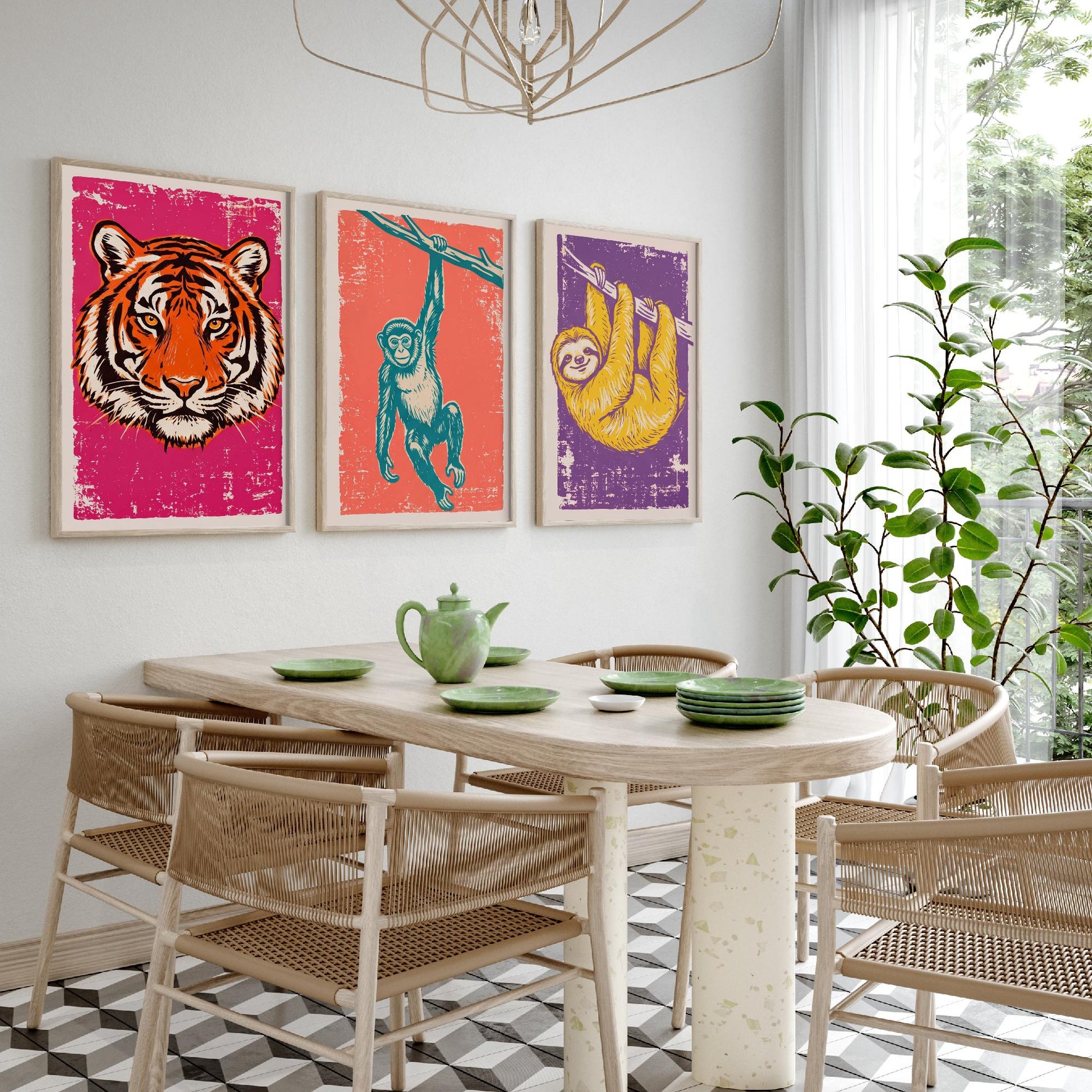 Tiger, Monkey & Sloth Set of Three Art Prints - Linocut Jungle Animal Illustrations - Rainforest Kids Triptych Posters V1