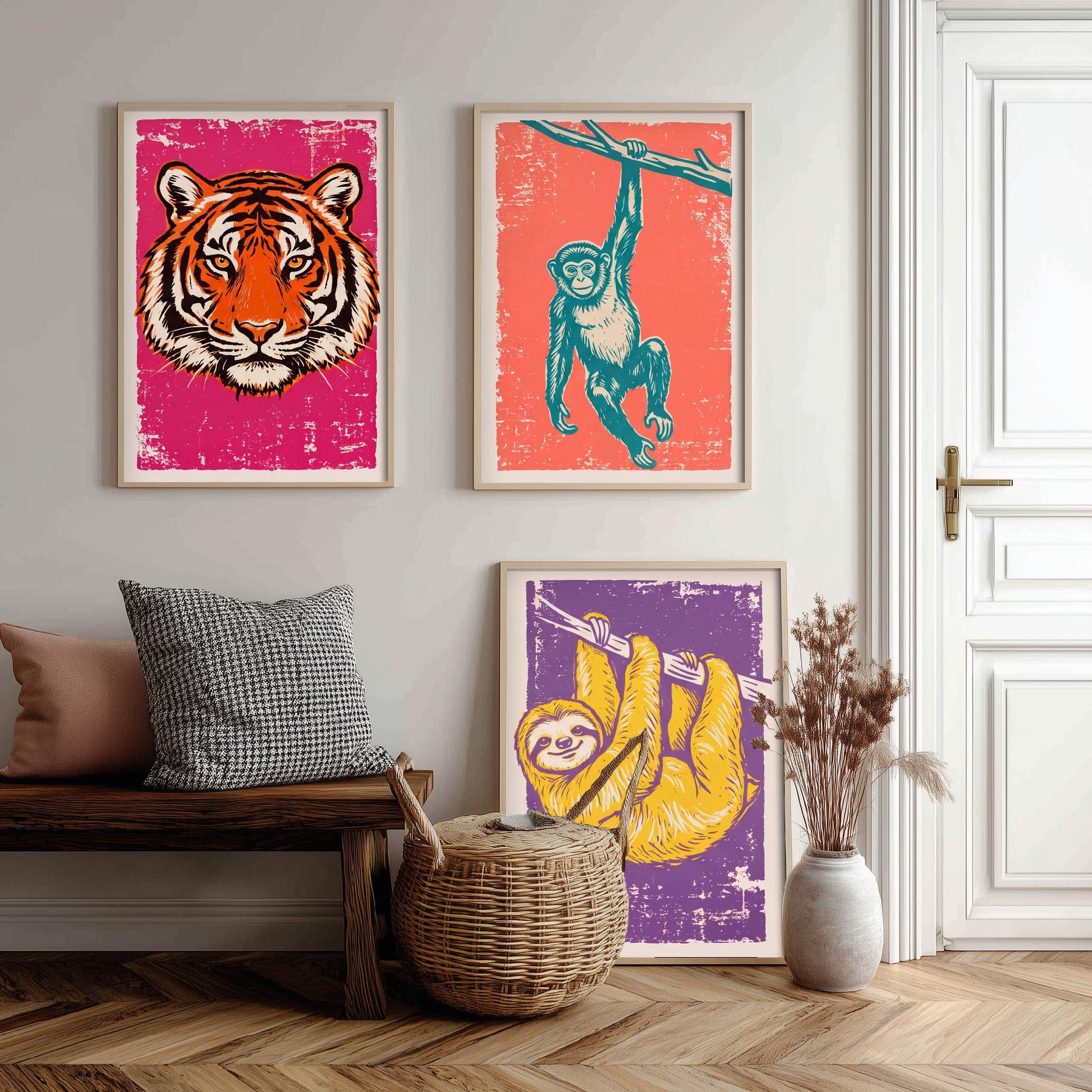 Tiger, Monkey & Sloth Set of Three Art Prints - Linocut Jungle Animal Illustrations - Rainforest Kids Triptych Posters V1