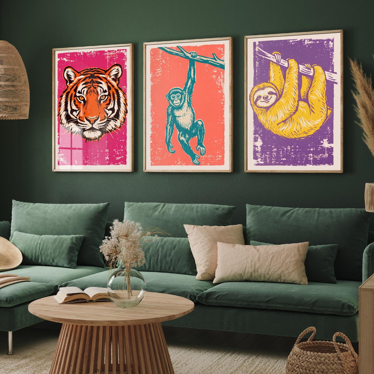 Tiger, Monkey & Sloth Set of Three Art Prints - Linocut Jungle Animal Illustrations - Rainforest Kids Triptych Posters V1