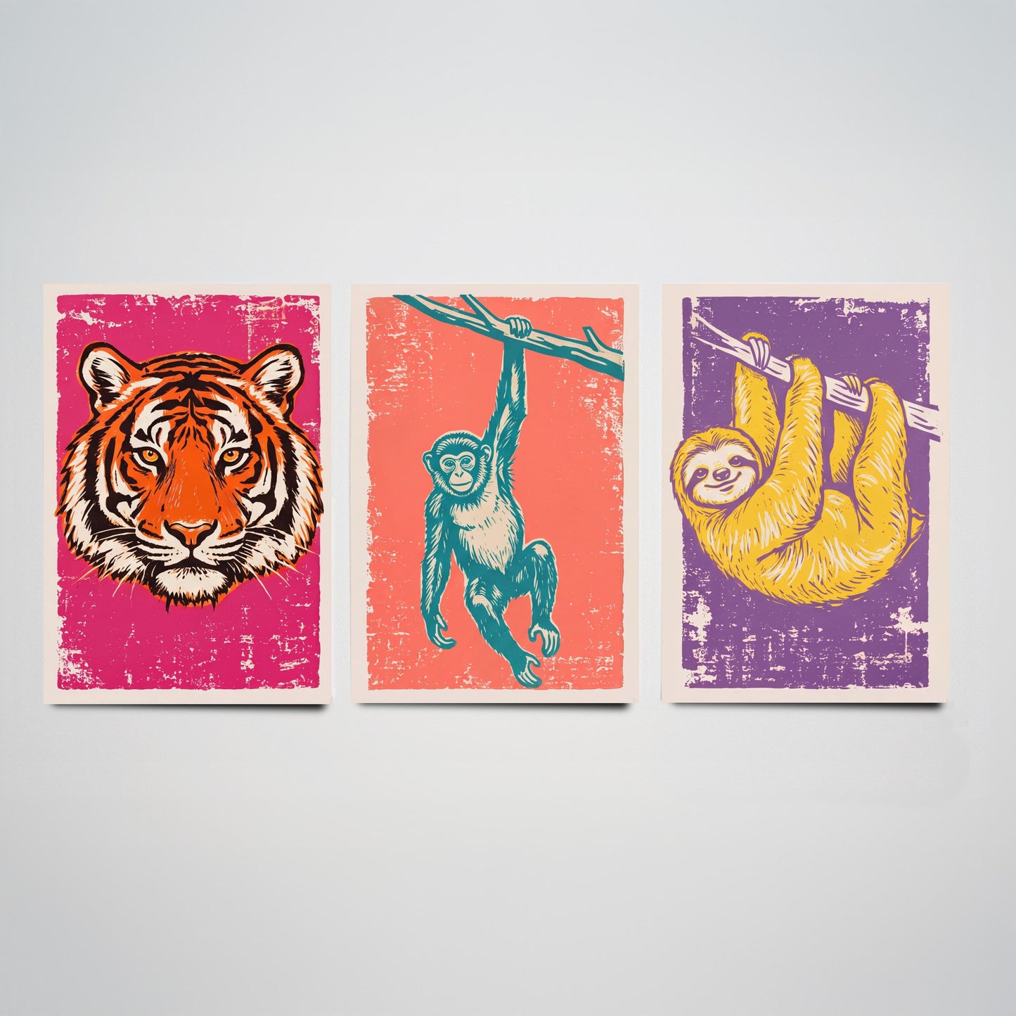 Tiger, Monkey & Sloth Set of Three Art Prints - Linocut Jungle Animal Illustrations - Rainforest Kids Triptych Posters V1