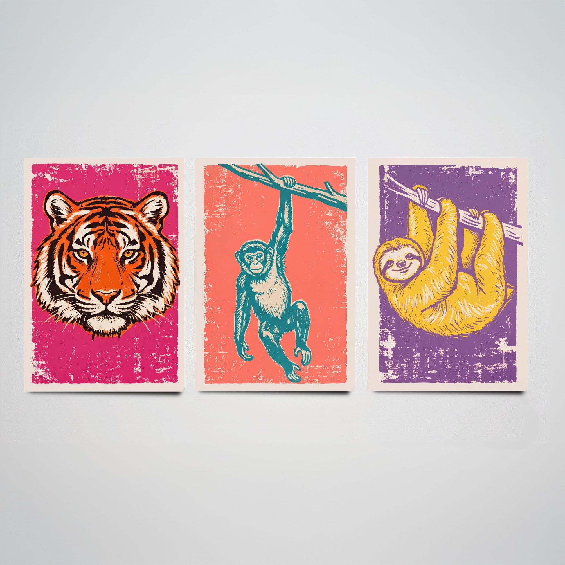 Tiger, Monkey & Sloth Set of Three Art Prints - Linocut Jungle Animal Illustrations - Rainforest Kids Triptych Posters V1