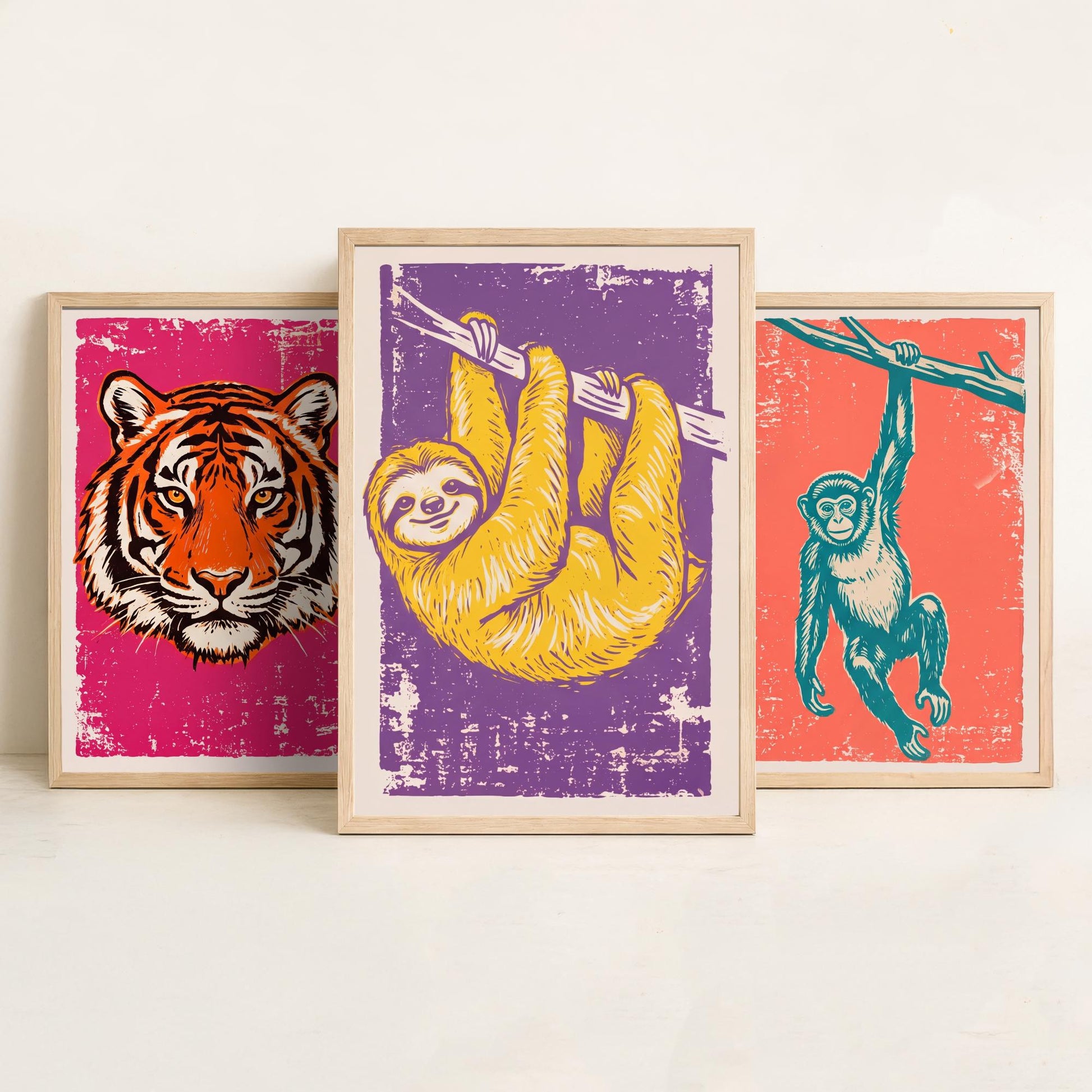 Tiger, Monkey & Sloth Set of Three Art Prints - Linocut Jungle Animal Illustrations - Rainforest Kids Triptych Posters V1