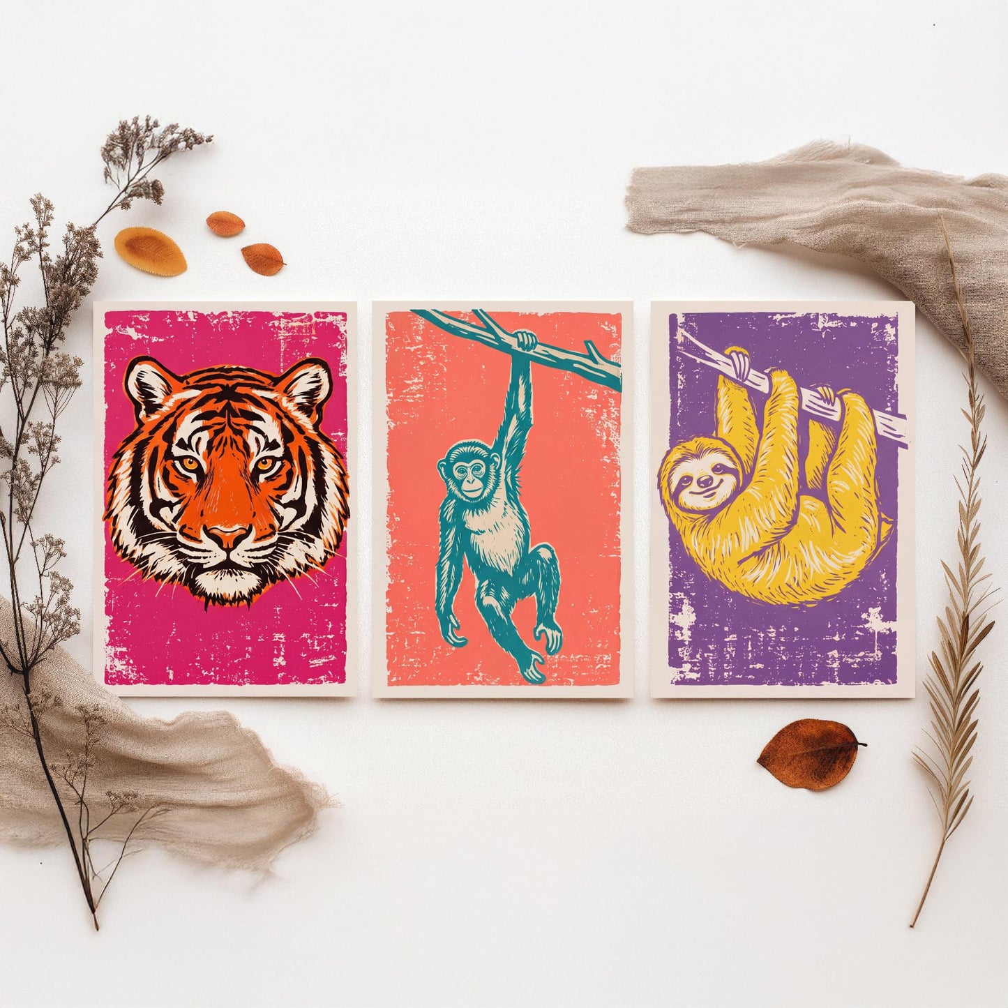 Tiger, Monkey & Sloth Set of Three Art Prints - Linocut Jungle Animal Illustrations - Rainforest Kids Triptych Posters V1