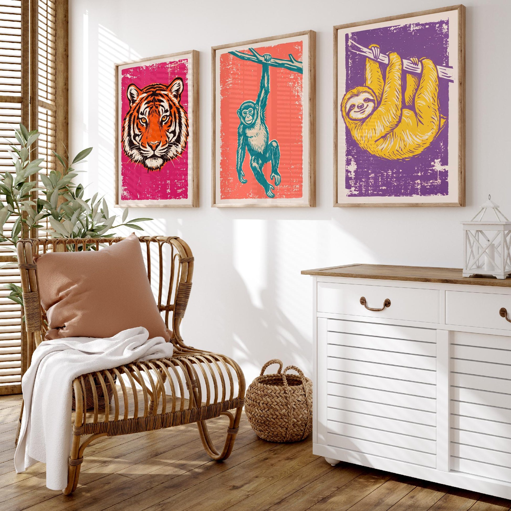 Tiger, Monkey & Sloth Set of Three Art Prints - Linocut Jungle Animal Illustrations - Rainforest Kids Triptych Posters V1