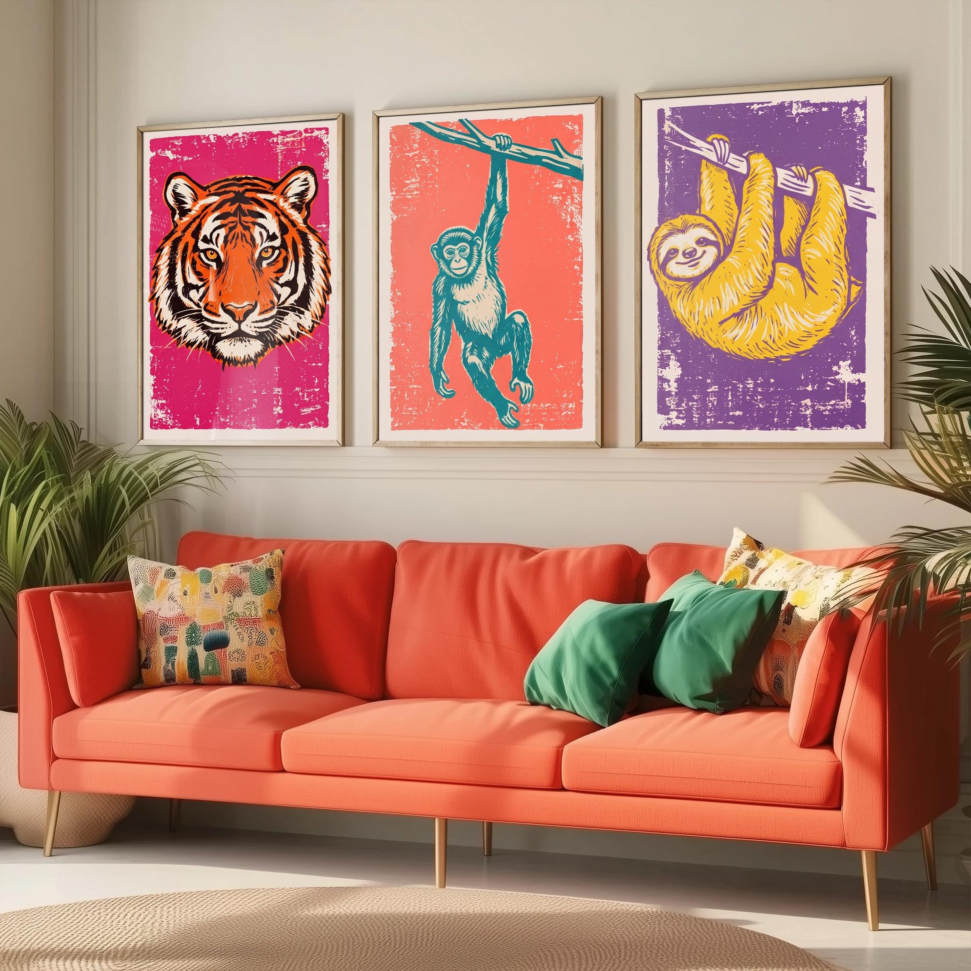 Tiger, Monkey & Sloth Set of Three Art Prints - Linocut Jungle Animal Illustrations - Rainforest Kids Triptych Posters V1