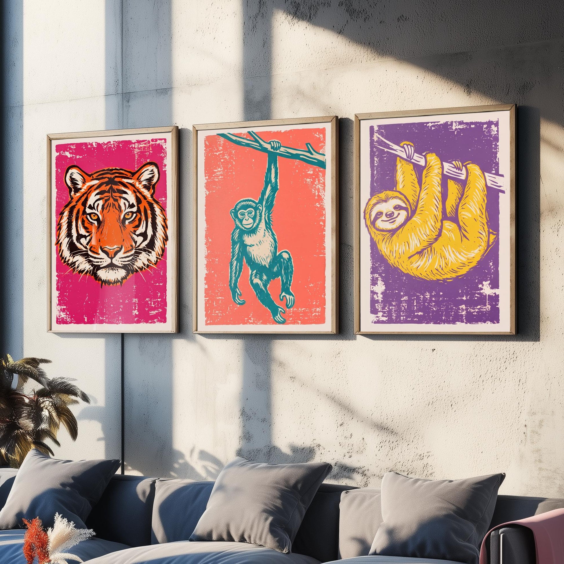 Tiger, Monkey & Sloth Set of Three Art Prints - Linocut Jungle Animal Illustrations - Rainforest Kids Triptych Posters V1