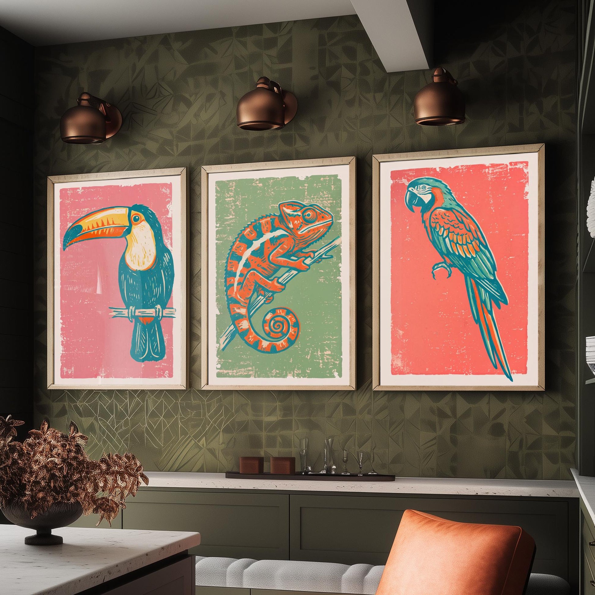 Toucan, Chameleon & Macaw Set of Three Art Prints - Linocut Jungle Illustrations - Tropical Wildlife Triptych Posters V2