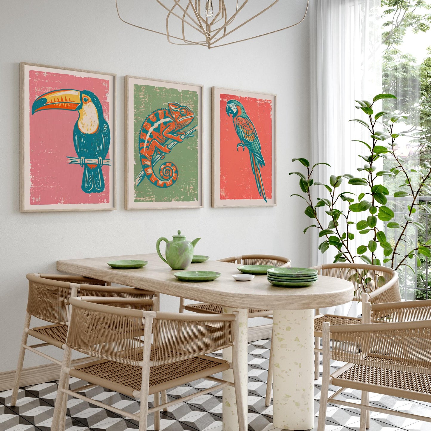 Toucan, Chameleon & Macaw Set of Three Art Prints - Linocut Jungle Illustrations - Tropical Wildlife Triptych Posters V2