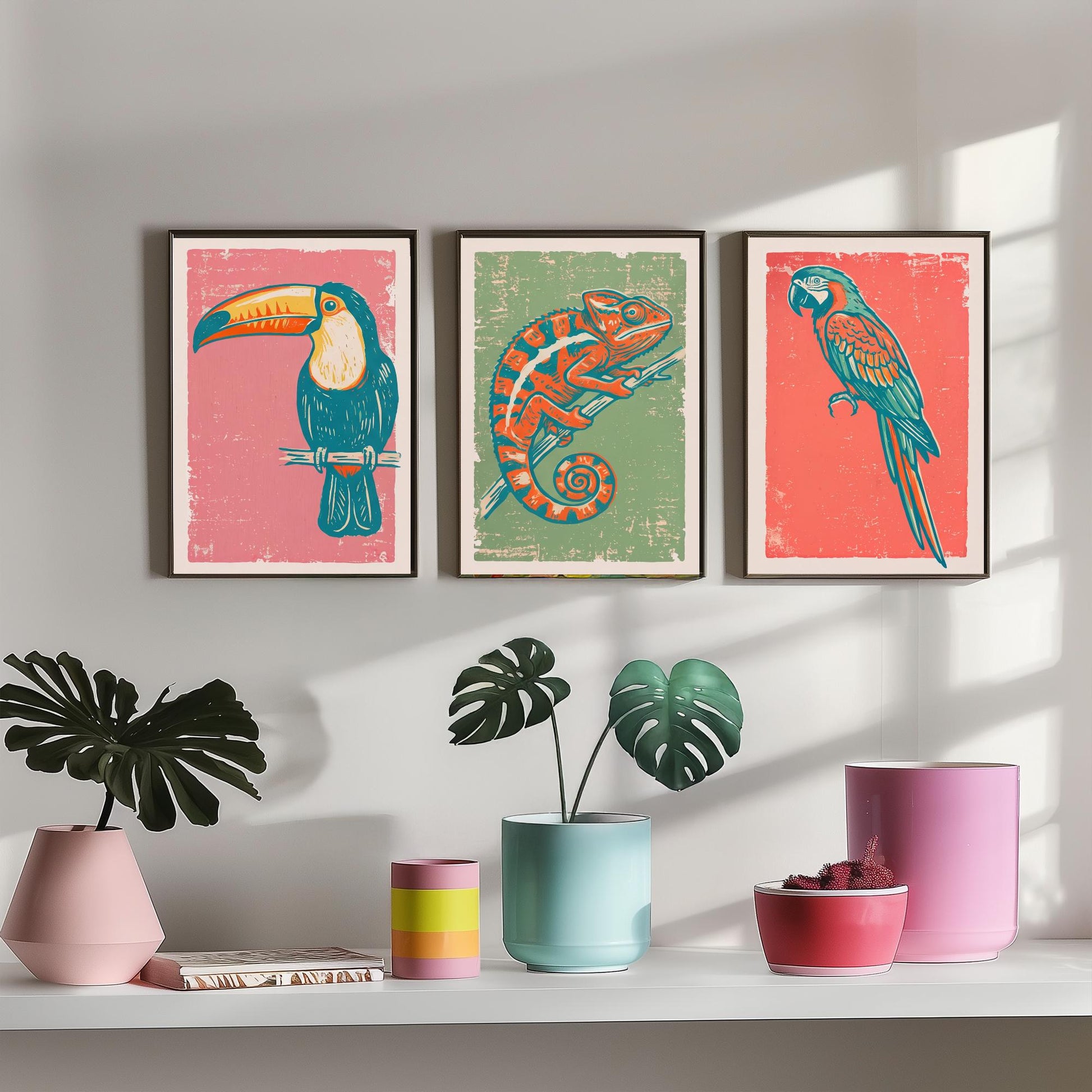 Toucan, Chameleon & Macaw Set of Three Art Prints - Linocut Jungle Illustrations - Tropical Wildlife Triptych Posters V2