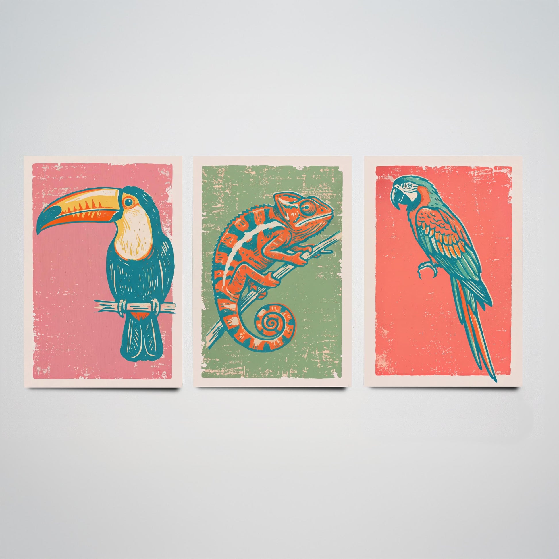 Toucan, Chameleon & Macaw Set of Three Art Prints - Linocut Jungle Illustrations - Tropical Wildlife Triptych Posters V2