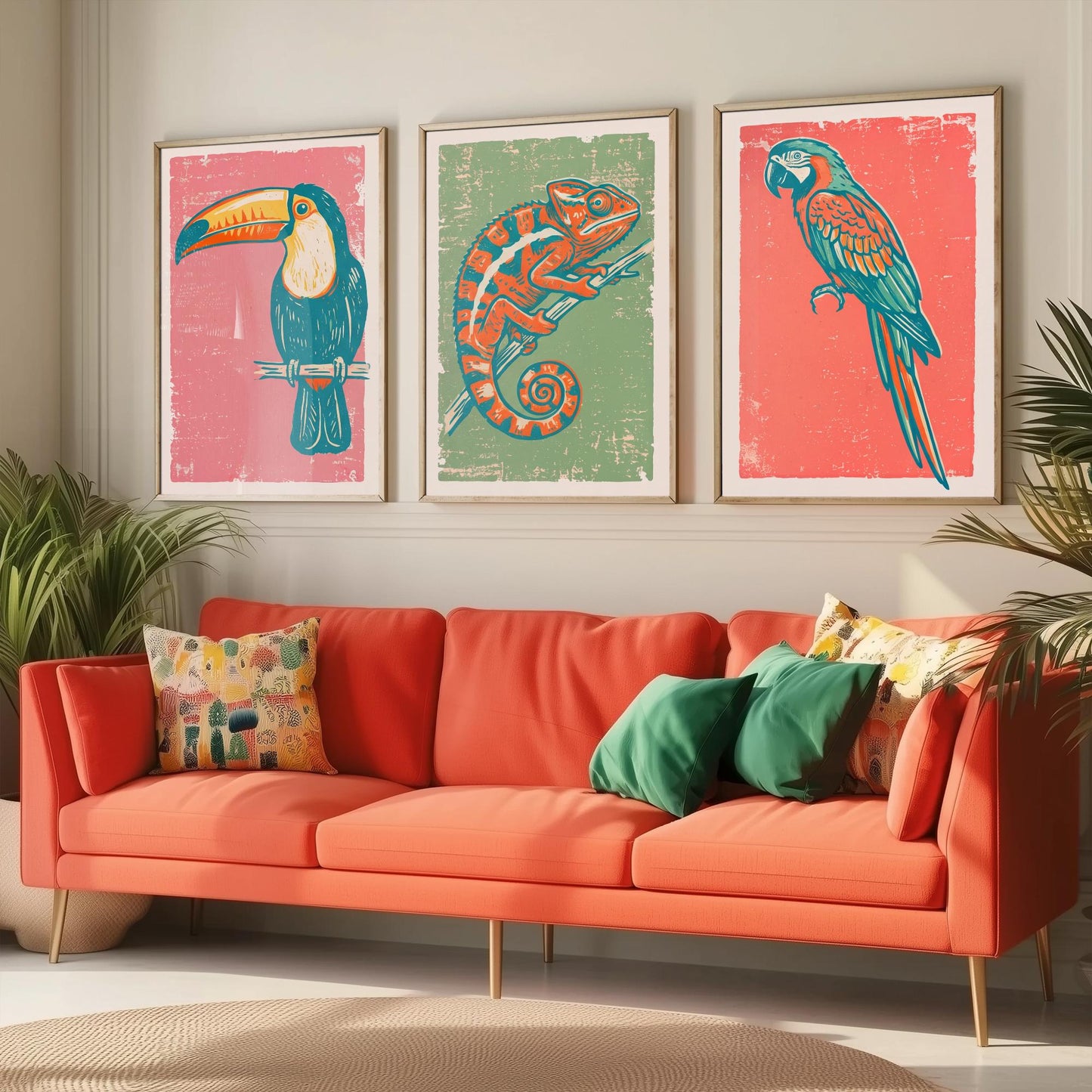 Toucan, Chameleon & Macaw Set of Three Art Prints - Linocut Jungle Illustrations - Tropical Wildlife Triptych Posters V2
