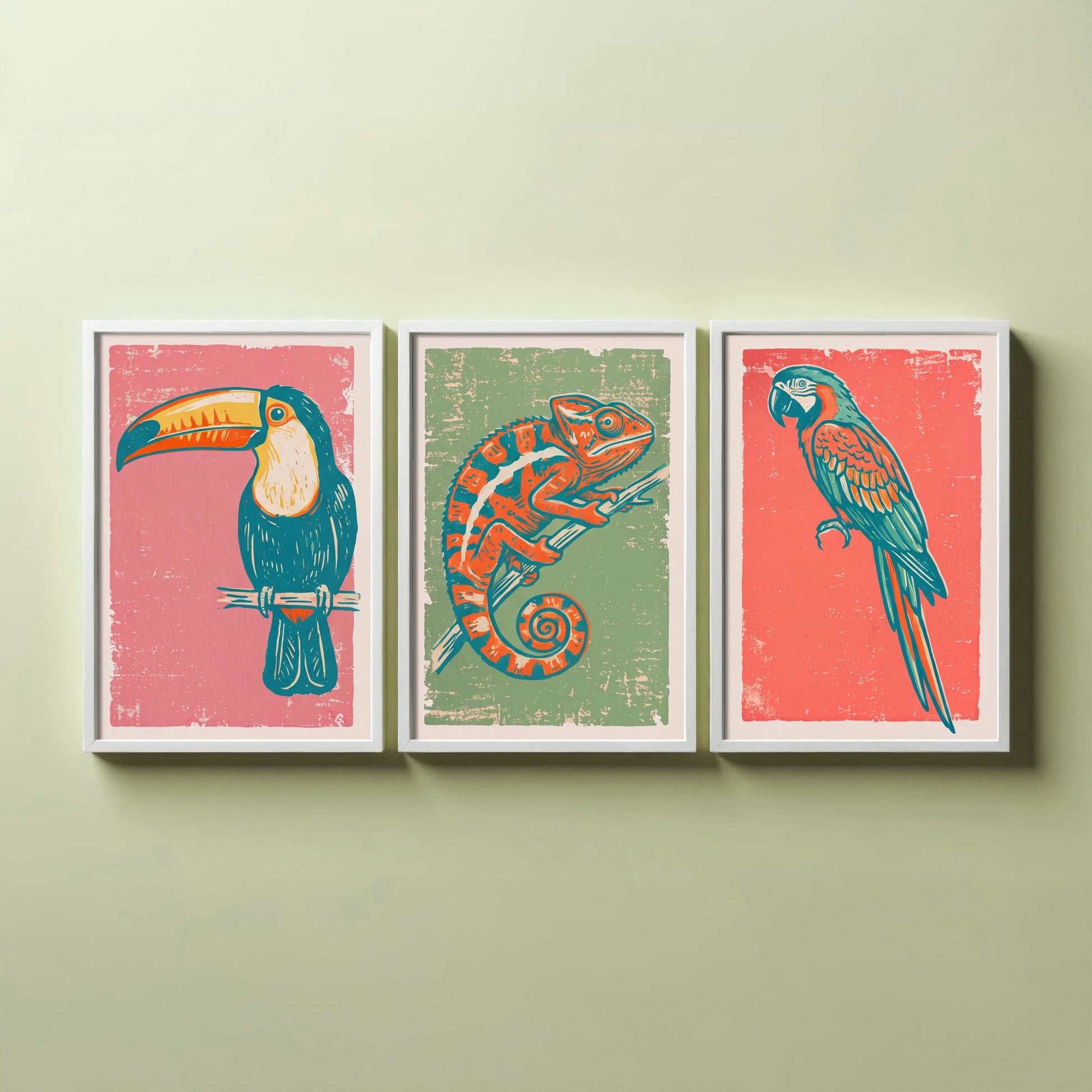 Toucan, Chameleon & Macaw Set of Three Art Prints - Linocut Jungle Illustrations - Tropical Wildlife Triptych Posters V2