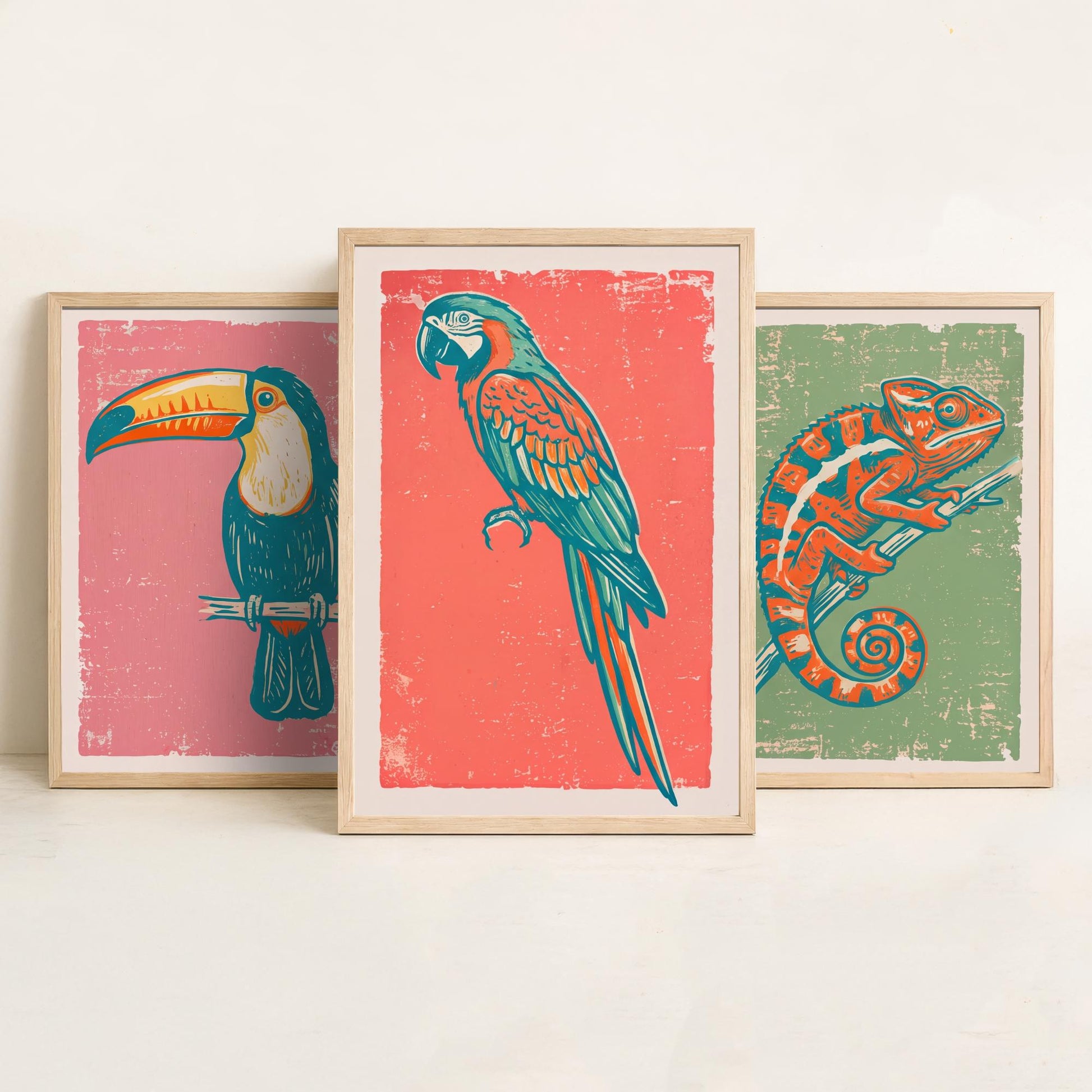Toucan, Chameleon & Macaw Set of Three Art Prints - Linocut Jungle Illustrations - Tropical Wildlife Triptych Posters V2
