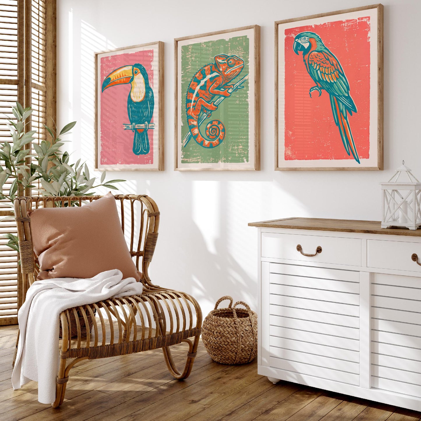 Toucan, Chameleon & Macaw Set of Three Art Prints - Linocut Jungle Illustrations - Tropical Wildlife Triptych Posters V2