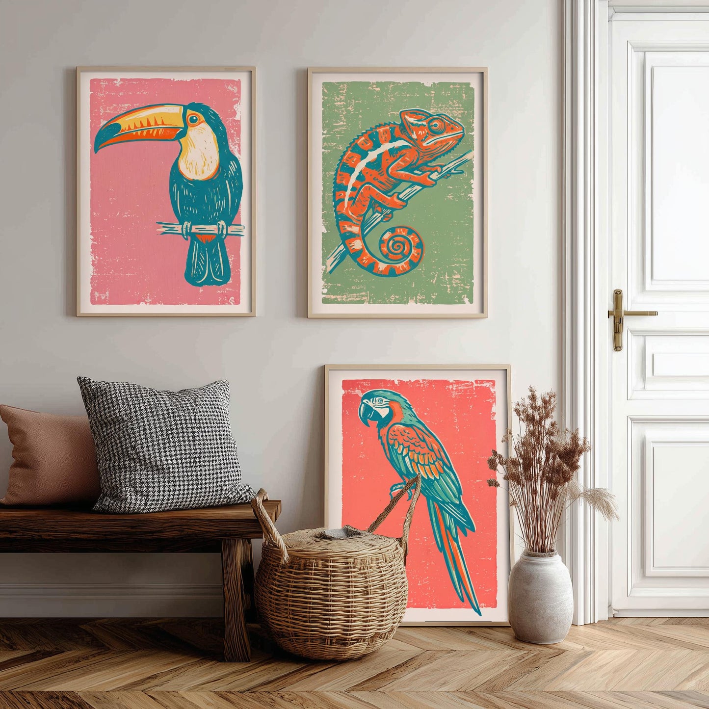 Toucan, Chameleon & Macaw Set of Three Art Prints - Linocut Jungle Illustrations - Tropical Wildlife Triptych Posters V2
