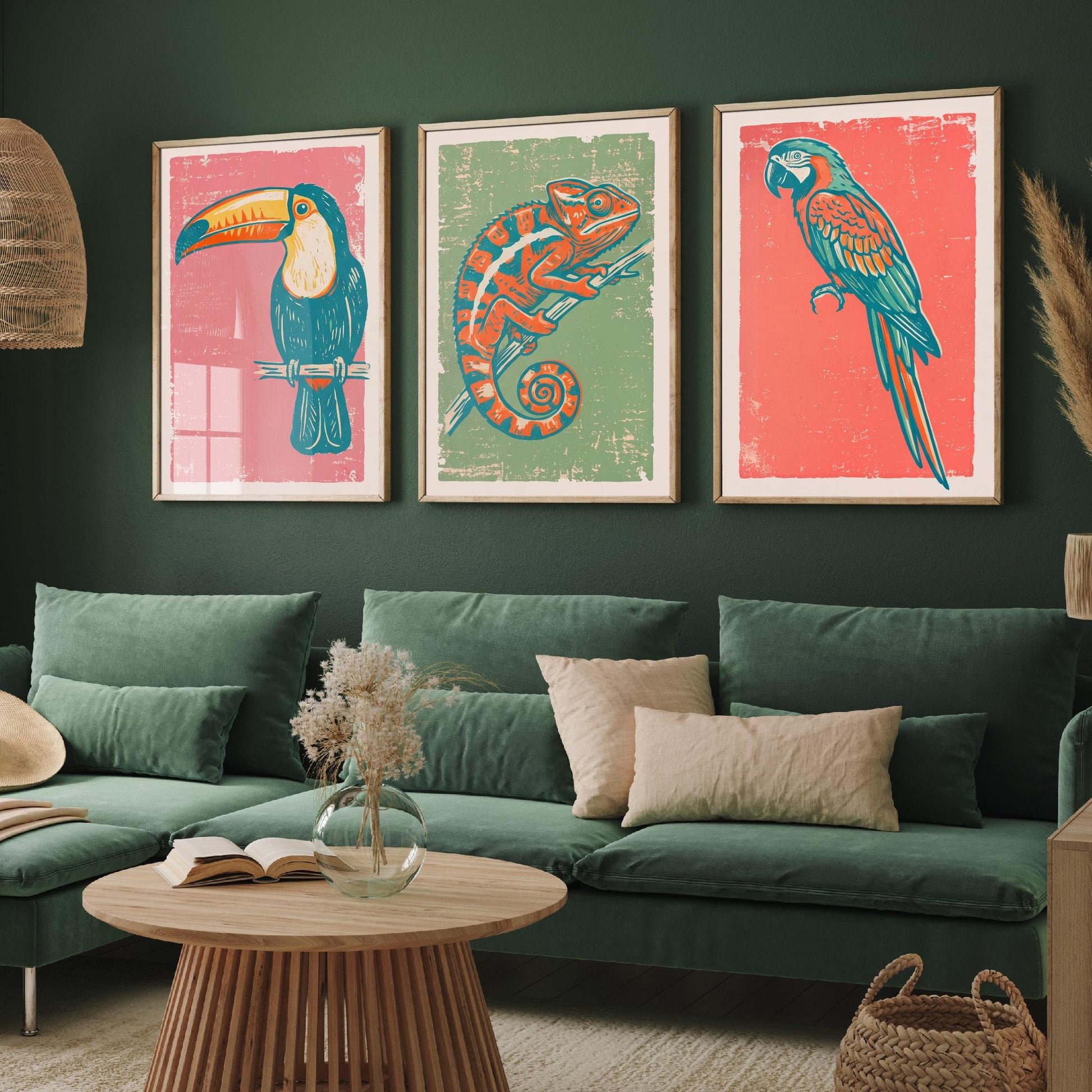 Toucan, Chameleon & Macaw Set of Three Art Prints - Linocut Jungle Illustrations - Tropical Wildlife Triptych Posters V2