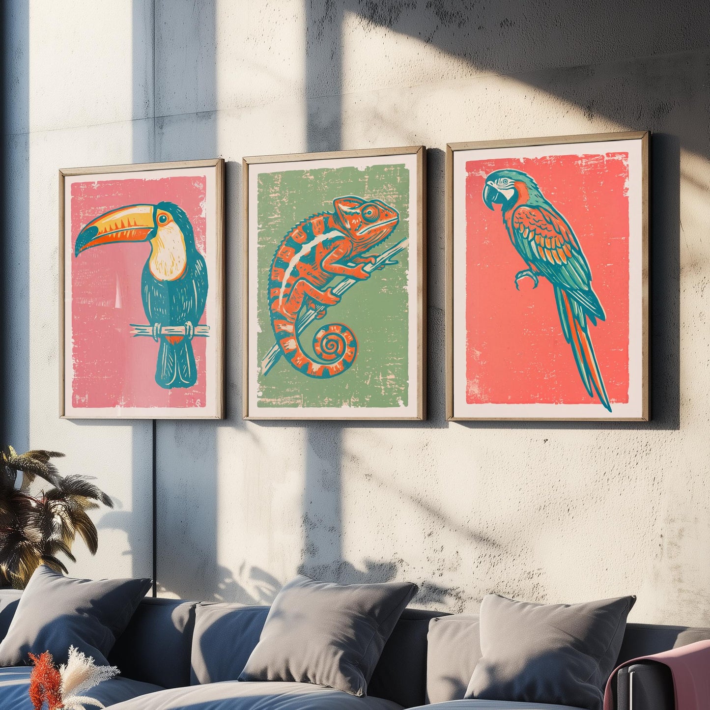 Toucan, Chameleon & Macaw Set of Three Art Prints - Linocut Jungle Illustrations - Tropical Wildlife Triptych Posters V2