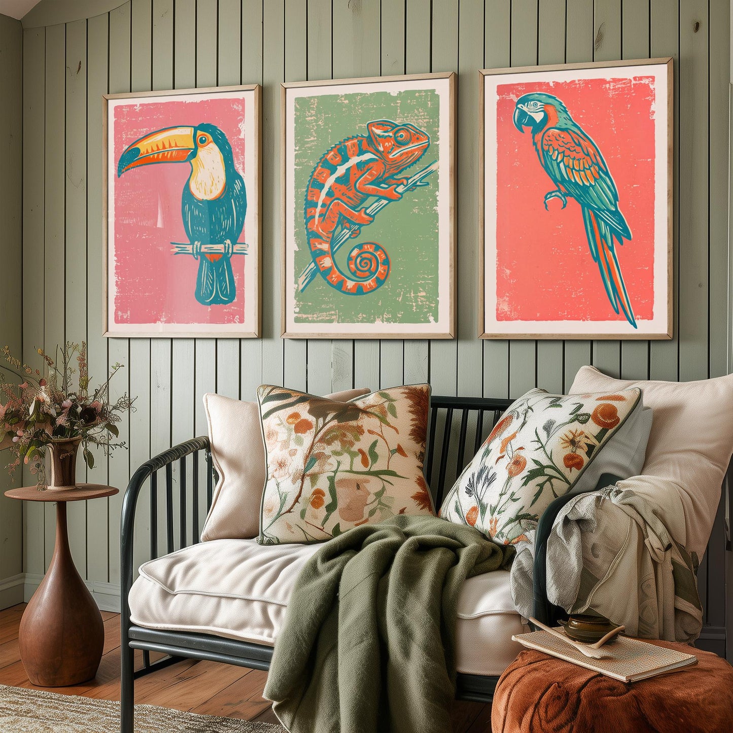 Toucan, Chameleon & Macaw Set of Three Art Prints - Linocut Jungle Illustrations - Tropical Wildlife Triptych Posters V2