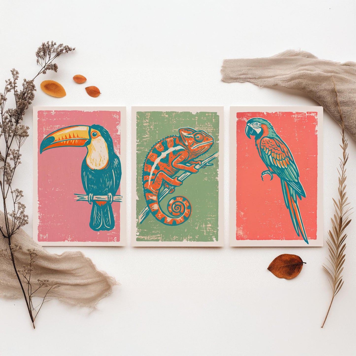 Toucan, Chameleon & Macaw Set of Three Art Prints - Linocut Jungle Illustrations - Tropical Wildlife Triptych Posters V2