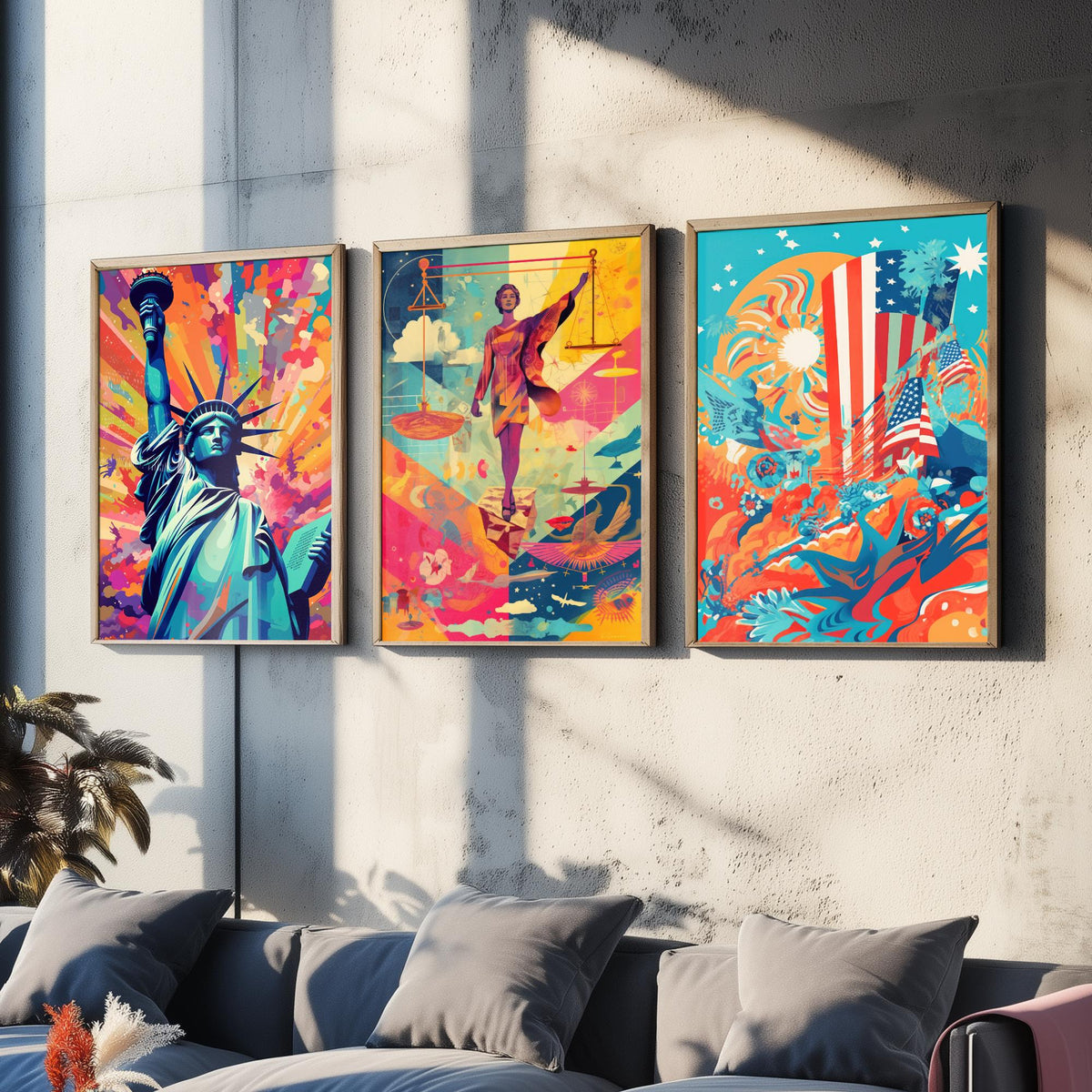 Liberty and Justice Set of Three Art Prints - Torch Bearer, Lady Justice, Stars and Stripes - Bold Pop Art Poster Illustration