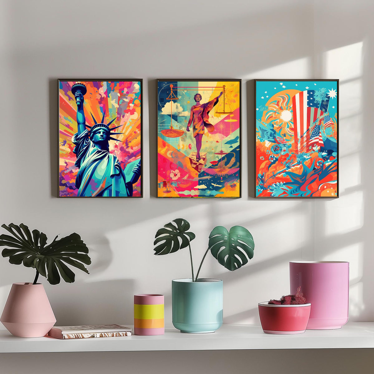 Liberty and Justice Set of Three Art Prints - Torch Bearer, Lady Justice, Stars and Stripes - Bold Pop Art Poster Illustration