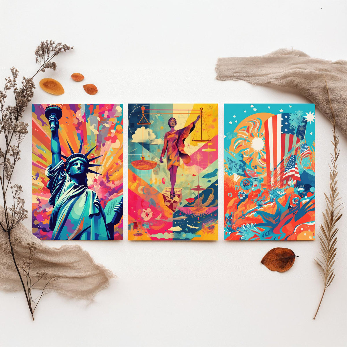 Liberty and Justice Set of Three Art Prints - Torch Bearer, Lady Justice, Stars and Stripes - Bold Pop Art Poster Illustration