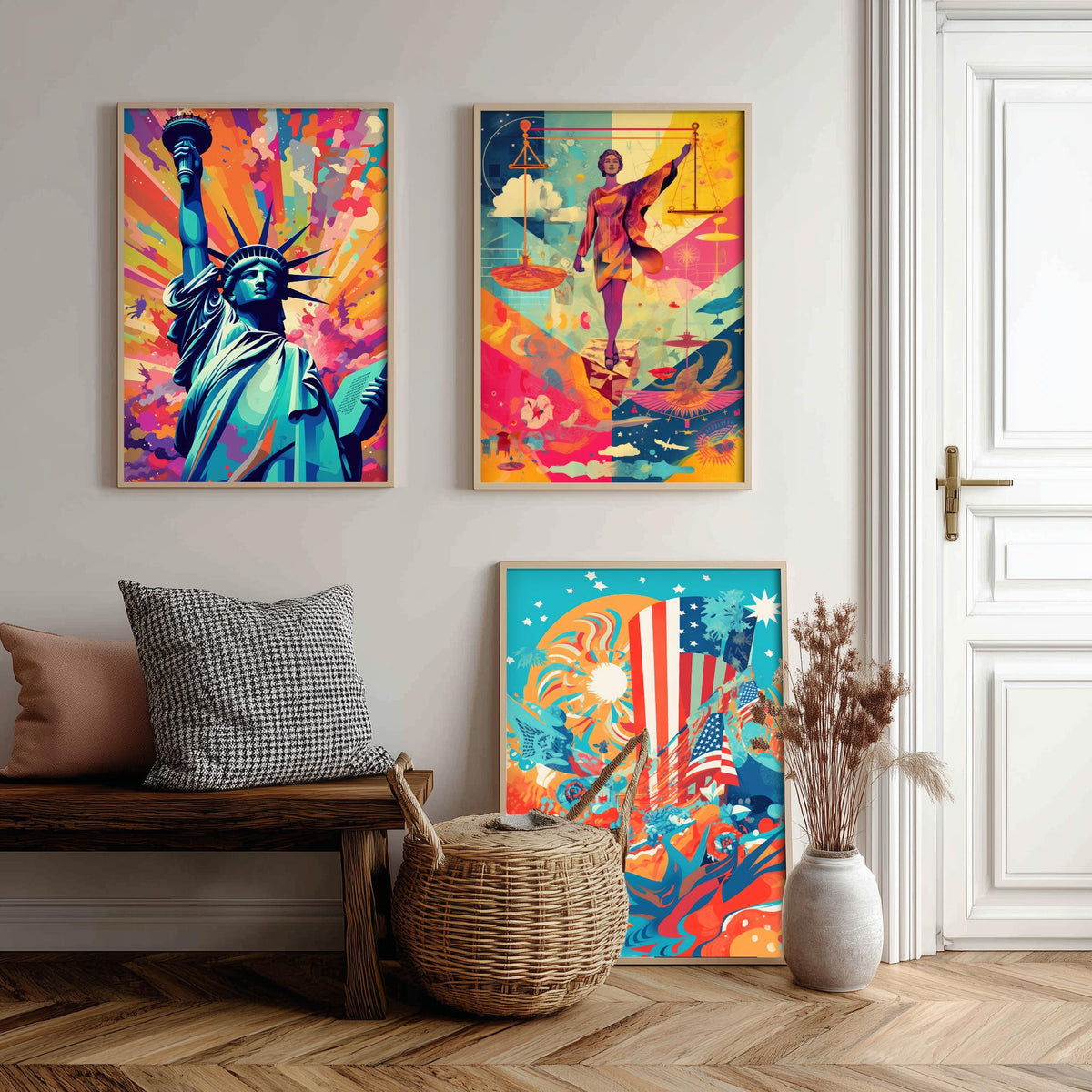 Liberty and Justice Set of Three Art Prints - Torch Bearer, Lady Justice, Stars and Stripes - Bold Pop Art Poster Illustration