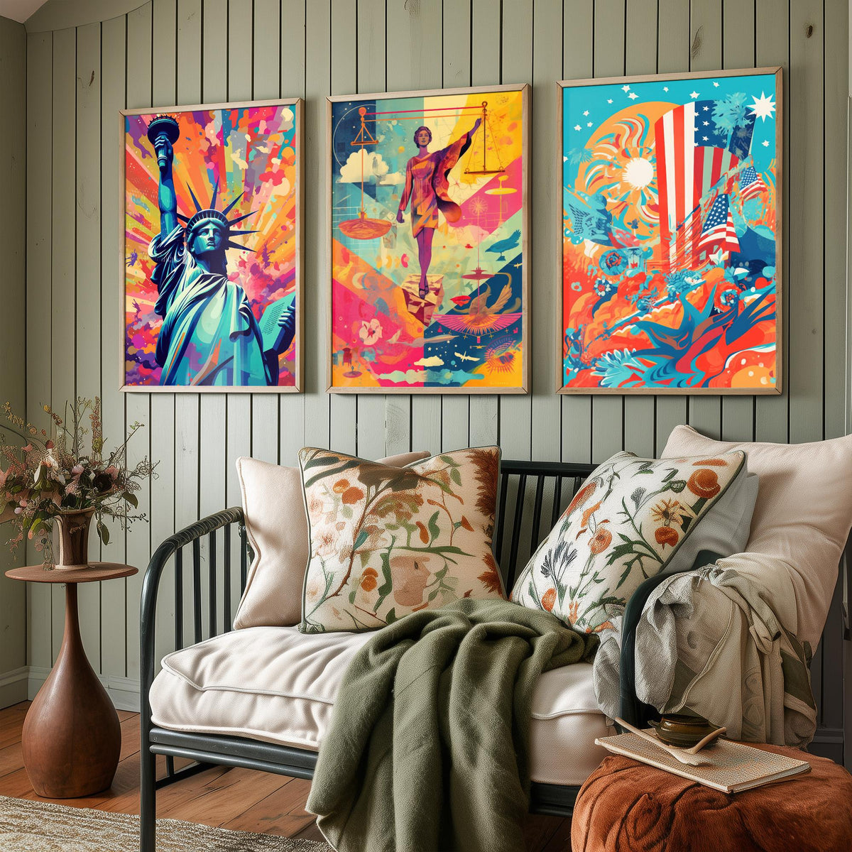 Liberty and Justice Set of Three Art Prints - Torch Bearer, Lady Justice, Stars and Stripes - Bold Pop Art Poster Illustration
