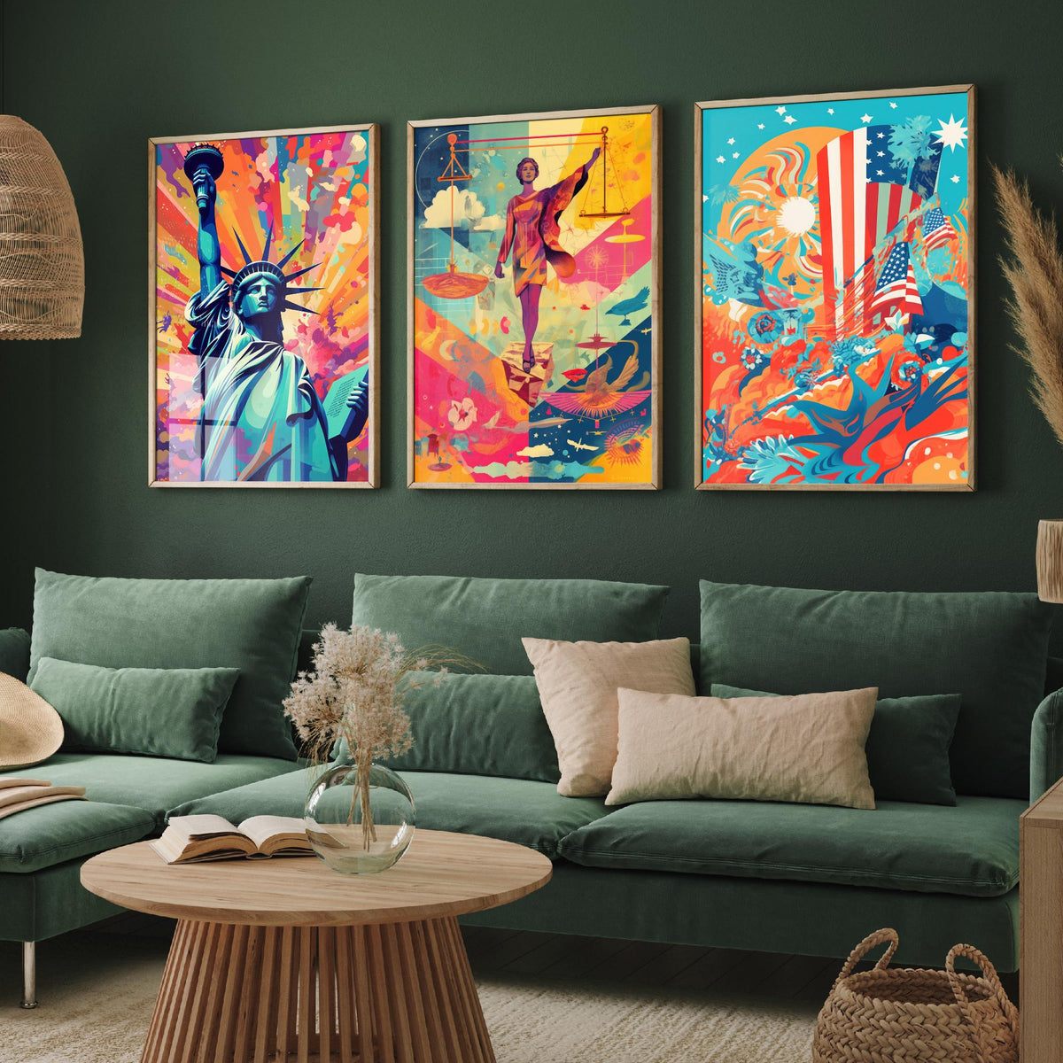 Liberty and Justice Set of Three Art Prints - Torch Bearer, Lady Justice, Stars and Stripes - Bold Pop Art Poster Illustration