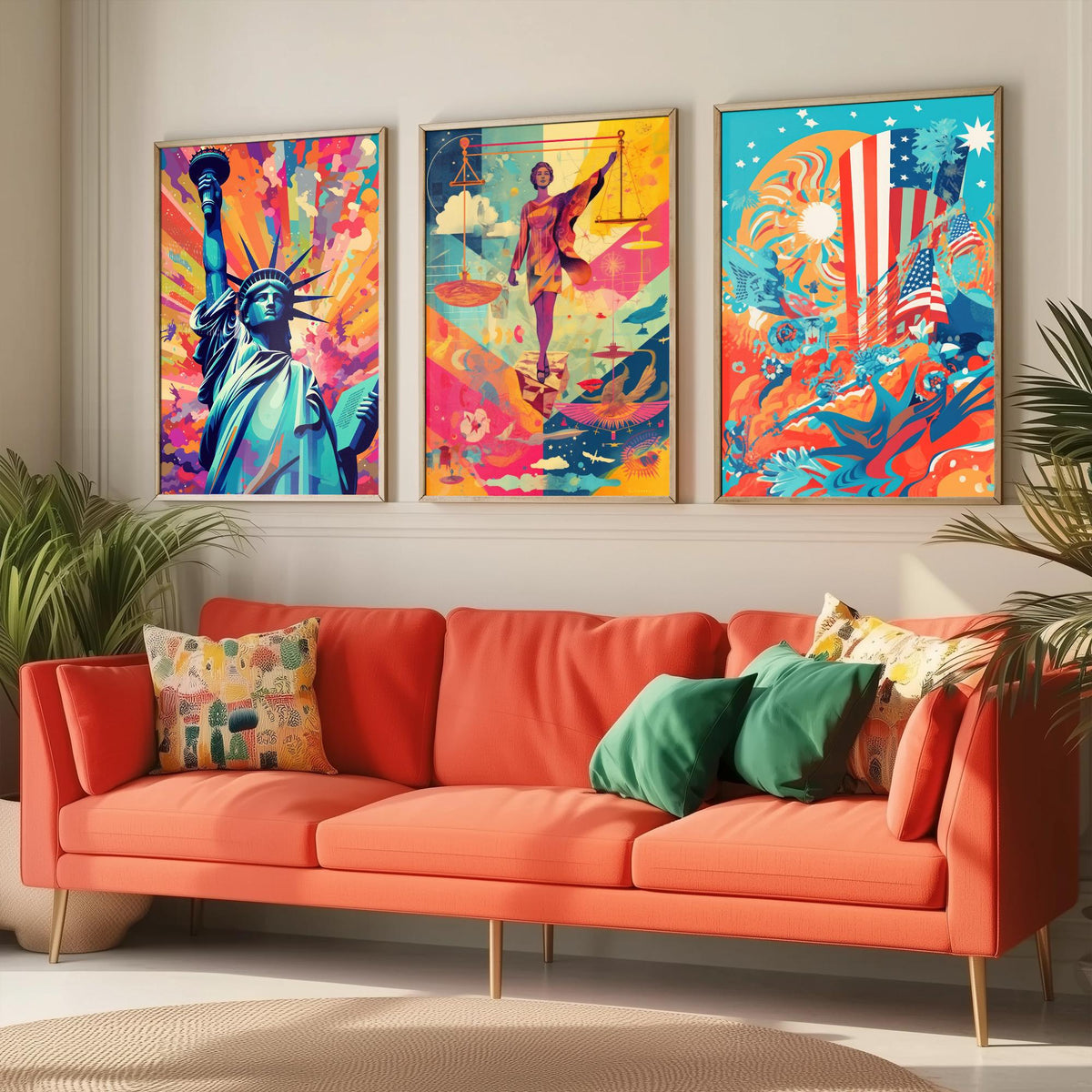 Liberty and Justice Set of Three Art Prints - Torch Bearer, Lady Justice, Stars and Stripes - Bold Pop Art Poster Illustration