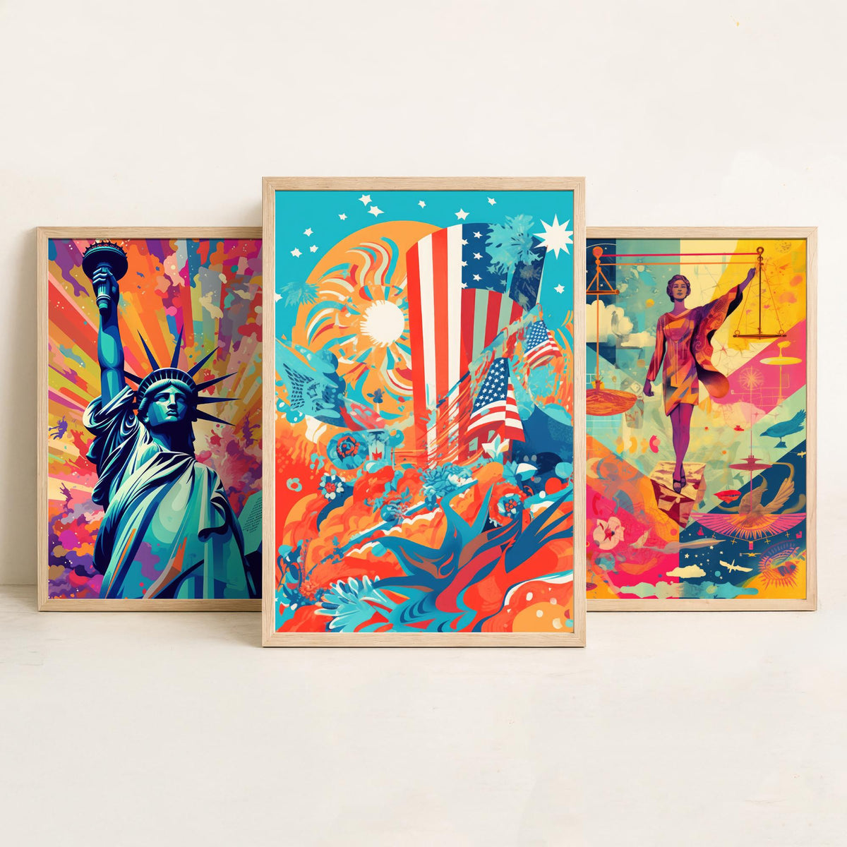Liberty and Justice Set of Three Art Prints - Torch Bearer, Lady Justice, Stars and Stripes - Bold Pop Art Poster Illustration