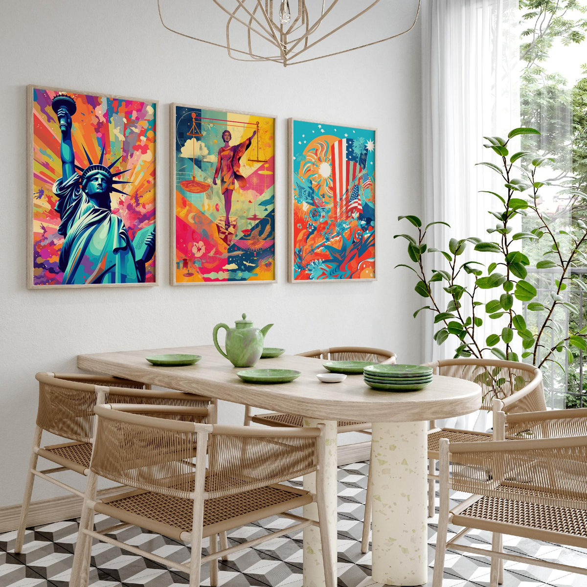 Liberty and Justice Set of Three Art Prints - Torch Bearer, Lady Justice, Stars and Stripes - Bold Pop Art Poster Illustration