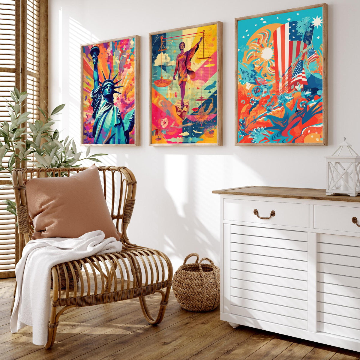 Liberty and Justice Set of Three Art Prints - Torch Bearer, Lady Justice, Stars and Stripes - Bold Pop Art Poster Illustration