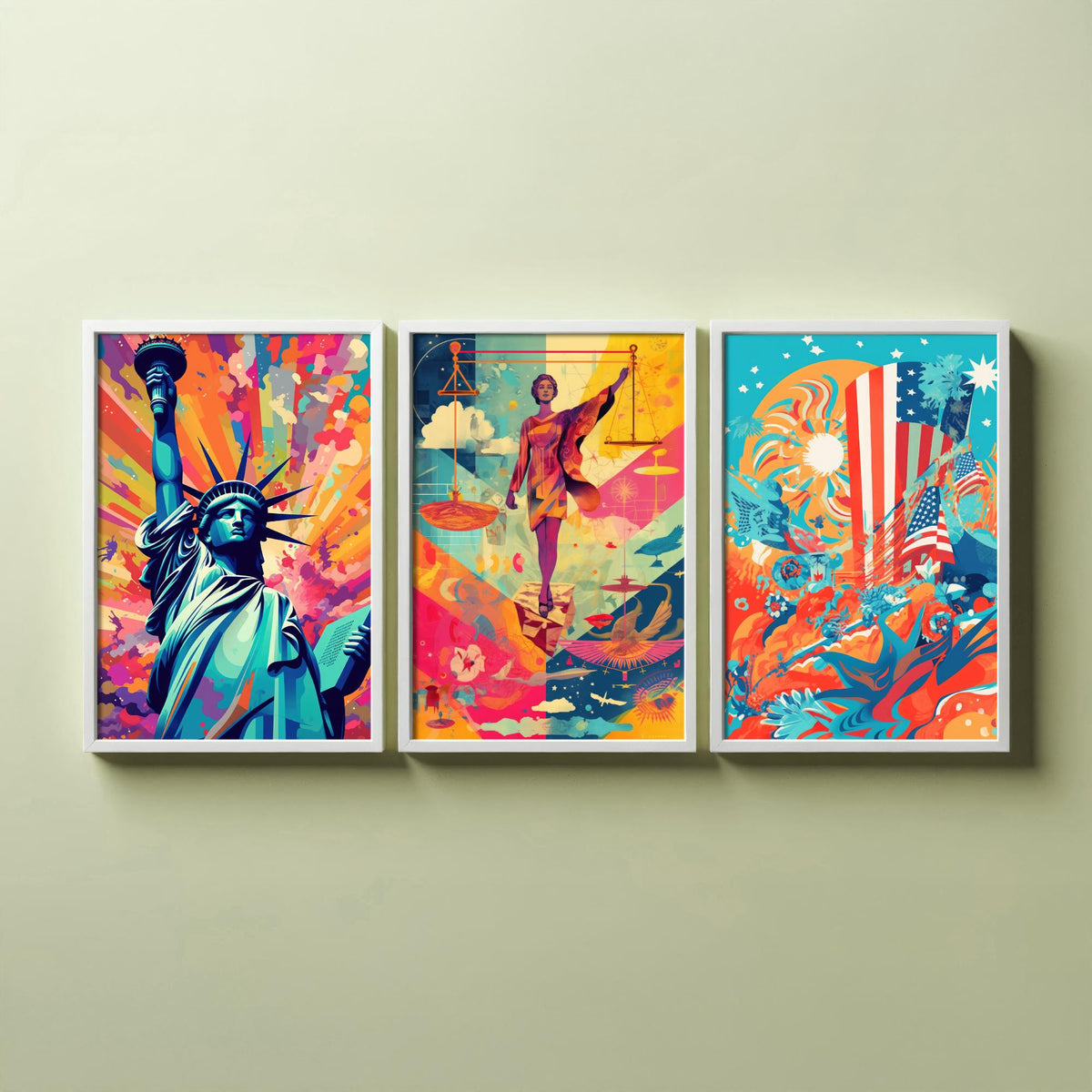 Liberty and Justice Set of Three Art Prints - Torch Bearer, Lady Justice, Stars and Stripes - Bold Pop Art Poster Illustration
