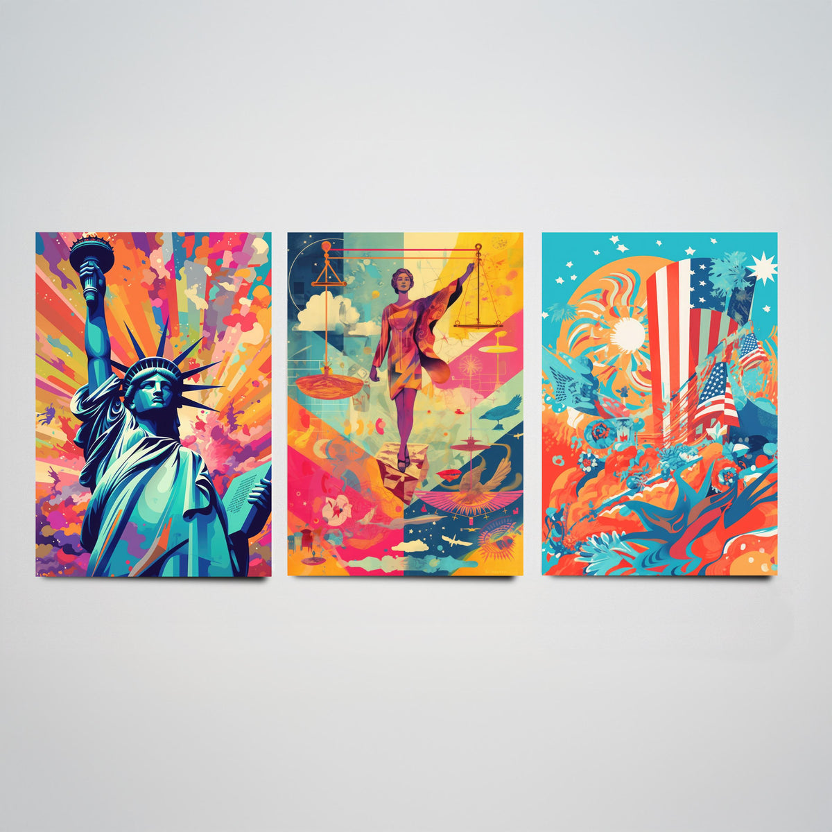 Liberty and Justice Set of Three Art Prints - Torch Bearer, Lady Justice, Stars and Stripes - Bold Pop Art Poster Illustration