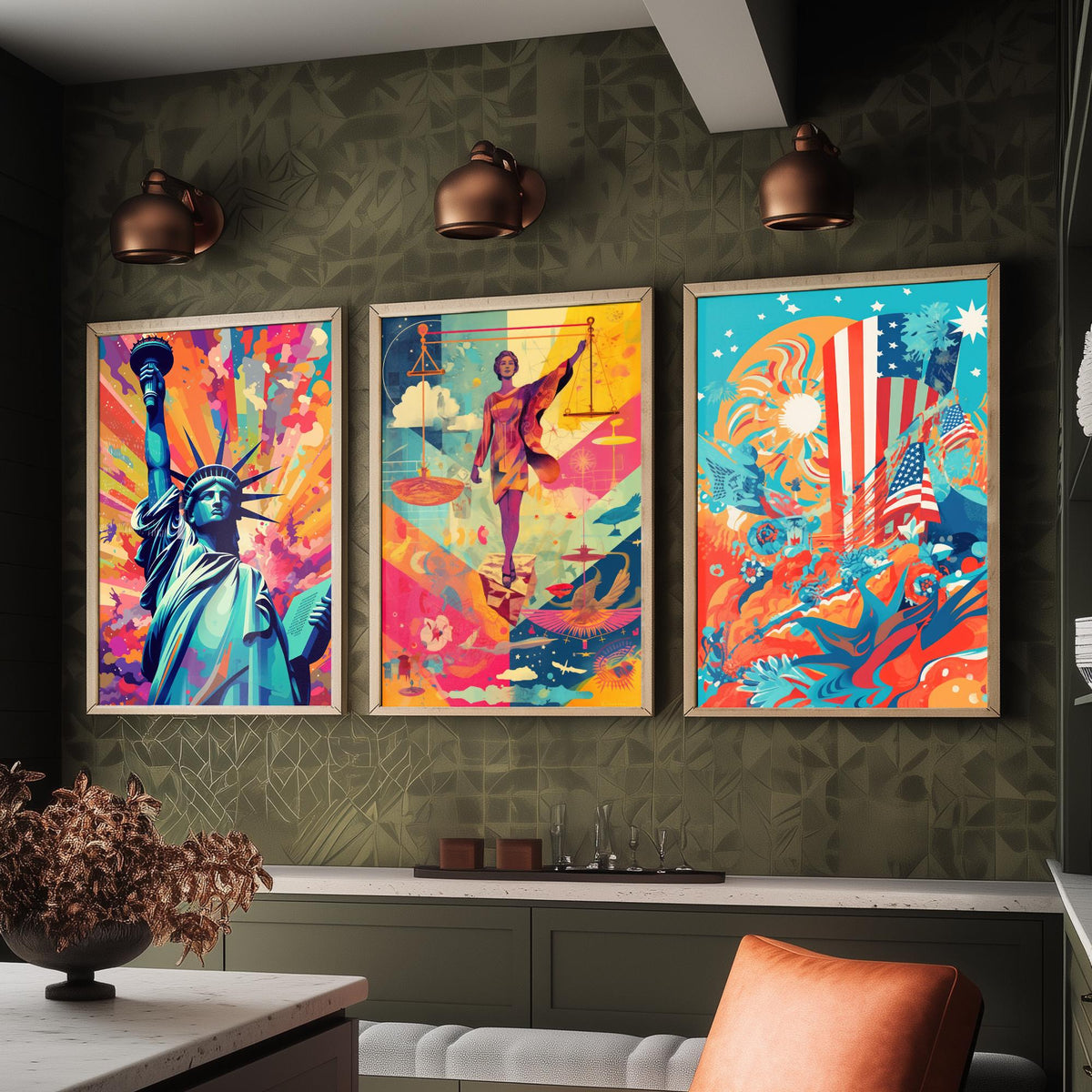 Liberty and Justice Set of Three Art Prints - Torch Bearer, Lady Justice, Stars and Stripes - Bold Pop Art Poster Illustration