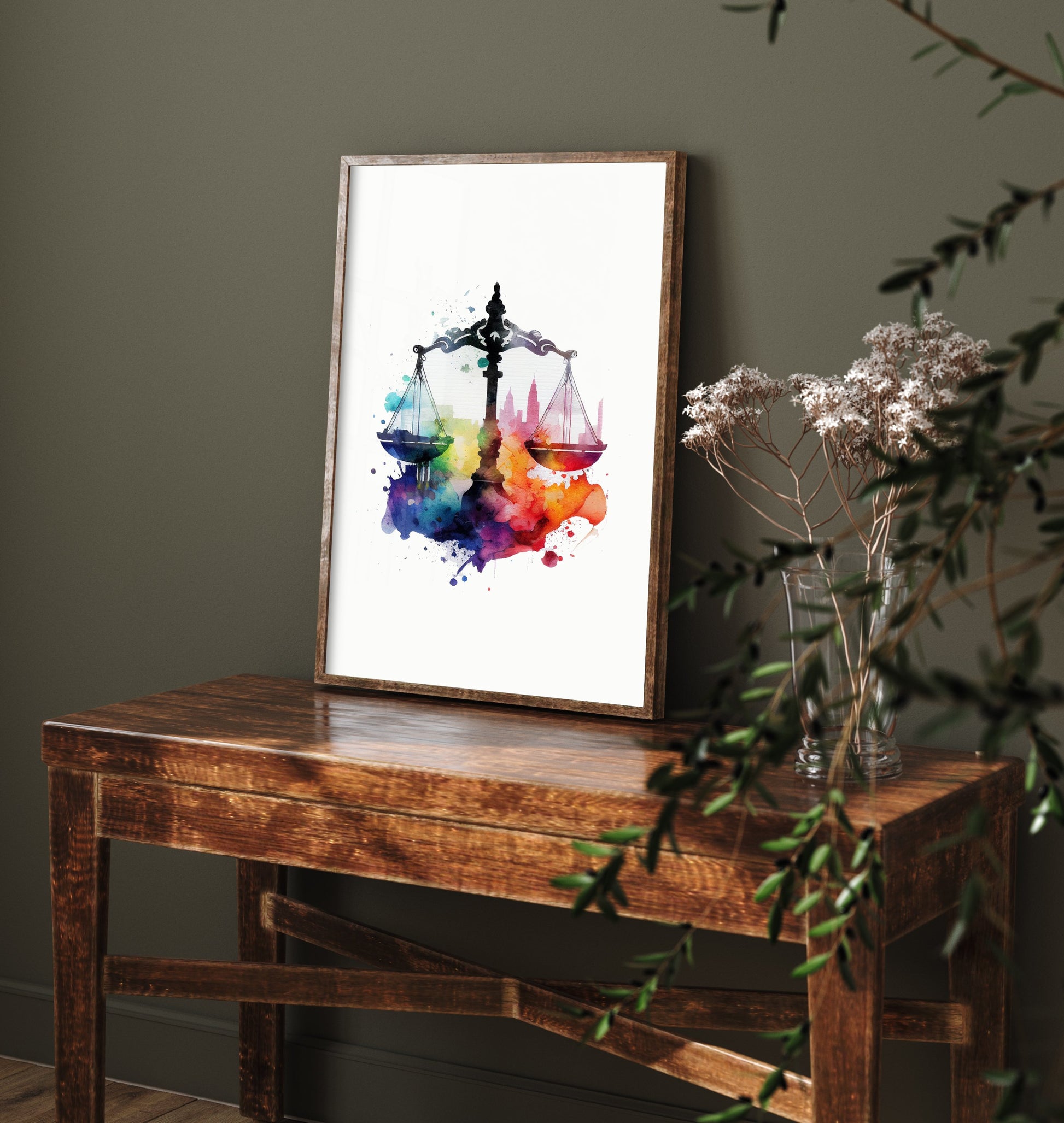 Scales of Justice Art Print - Colourful Watercolour Poster - Law Office Wall Art - Lawyer Gift 1/3