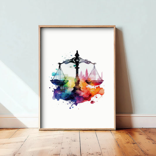 Scales of Justice Art Print - Colourful Watercolour Poster - Law Office Wall Art - Lawyer Gift 1/3